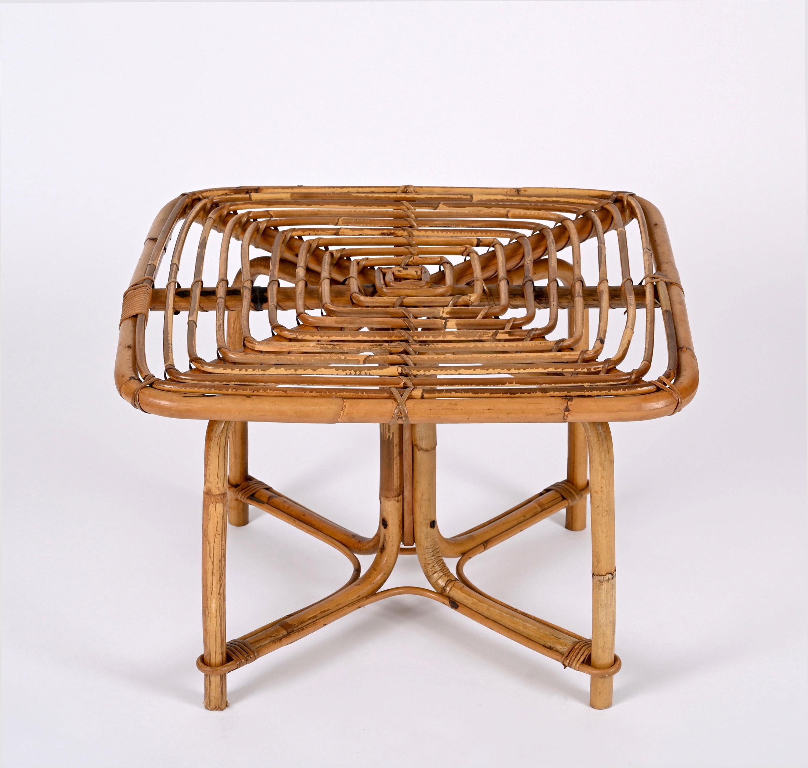 Vivai del Sud Mid Century Italian Squared Bamboo and Rattan Coffee Table, 1970s 13
