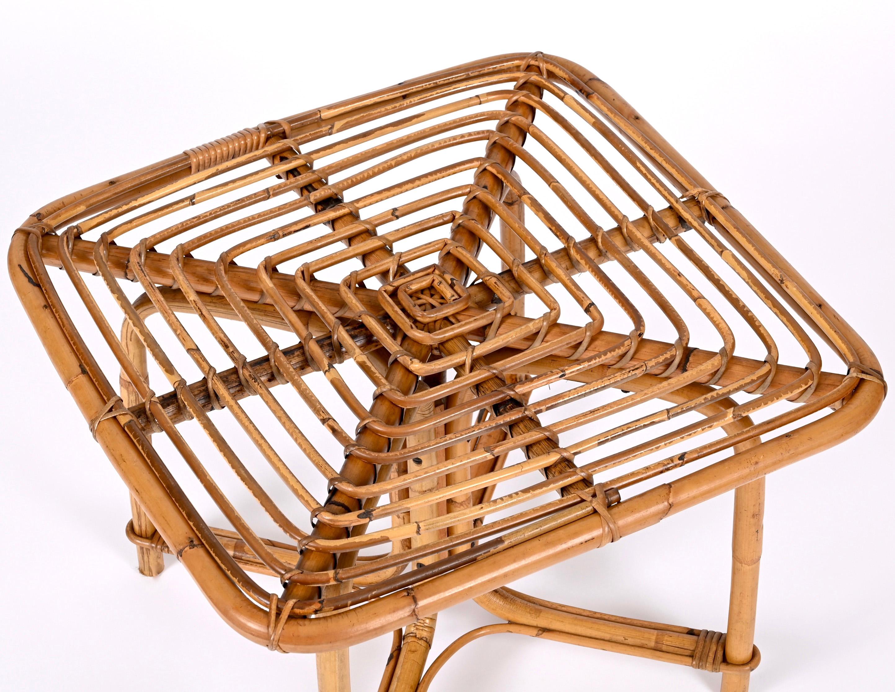 Vivai del Sud Mid Century Italian Squared Bamboo and Rattan Coffee Table, 1970s 1