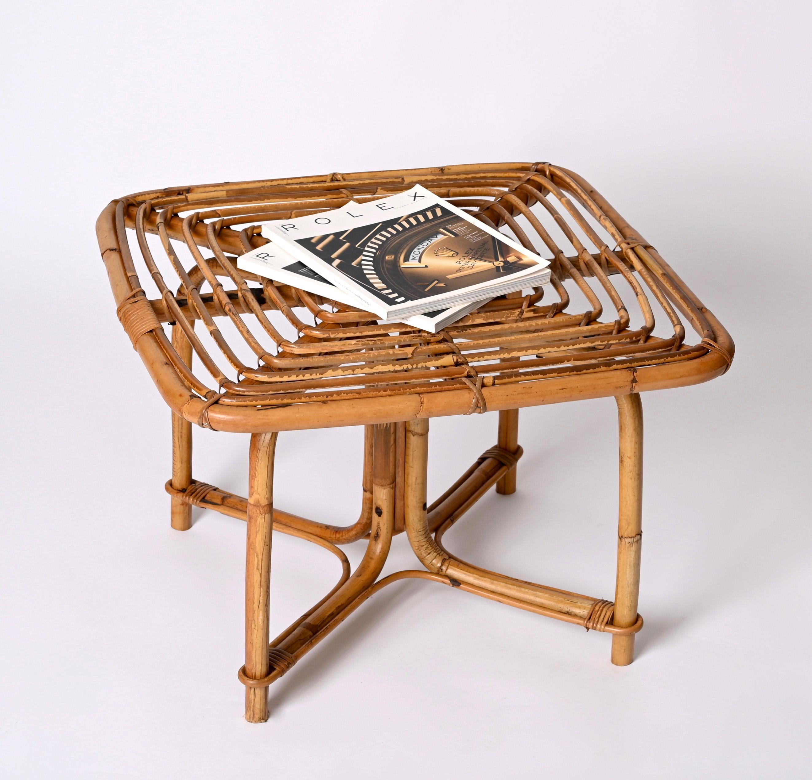 Vivai del Sud Mid Century Italian Squared Bamboo and Rattan Coffee Table, 1970s 4