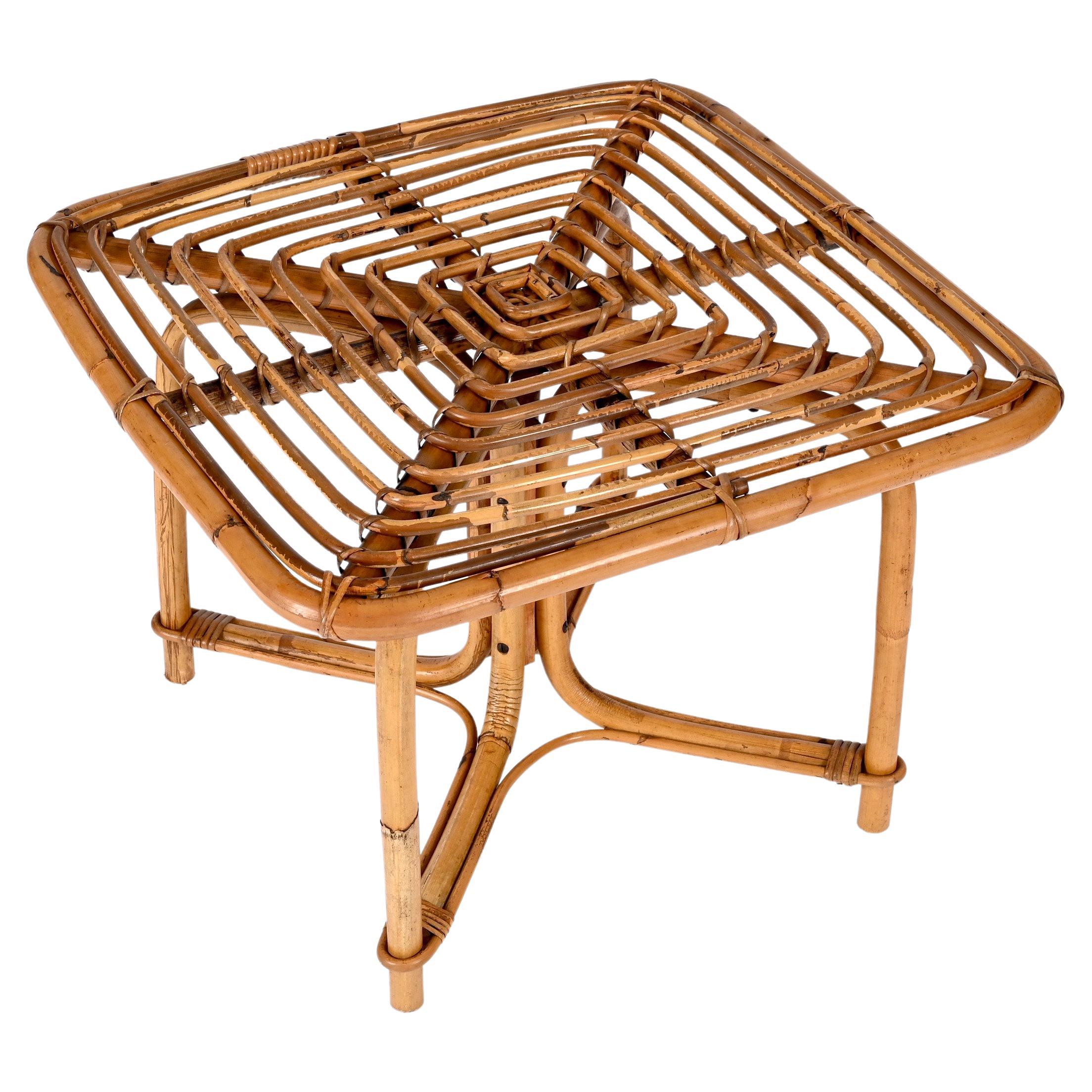 Vivai del Sud Mid Century Italian Squared Bamboo and Rattan Coffee Table, 1970s