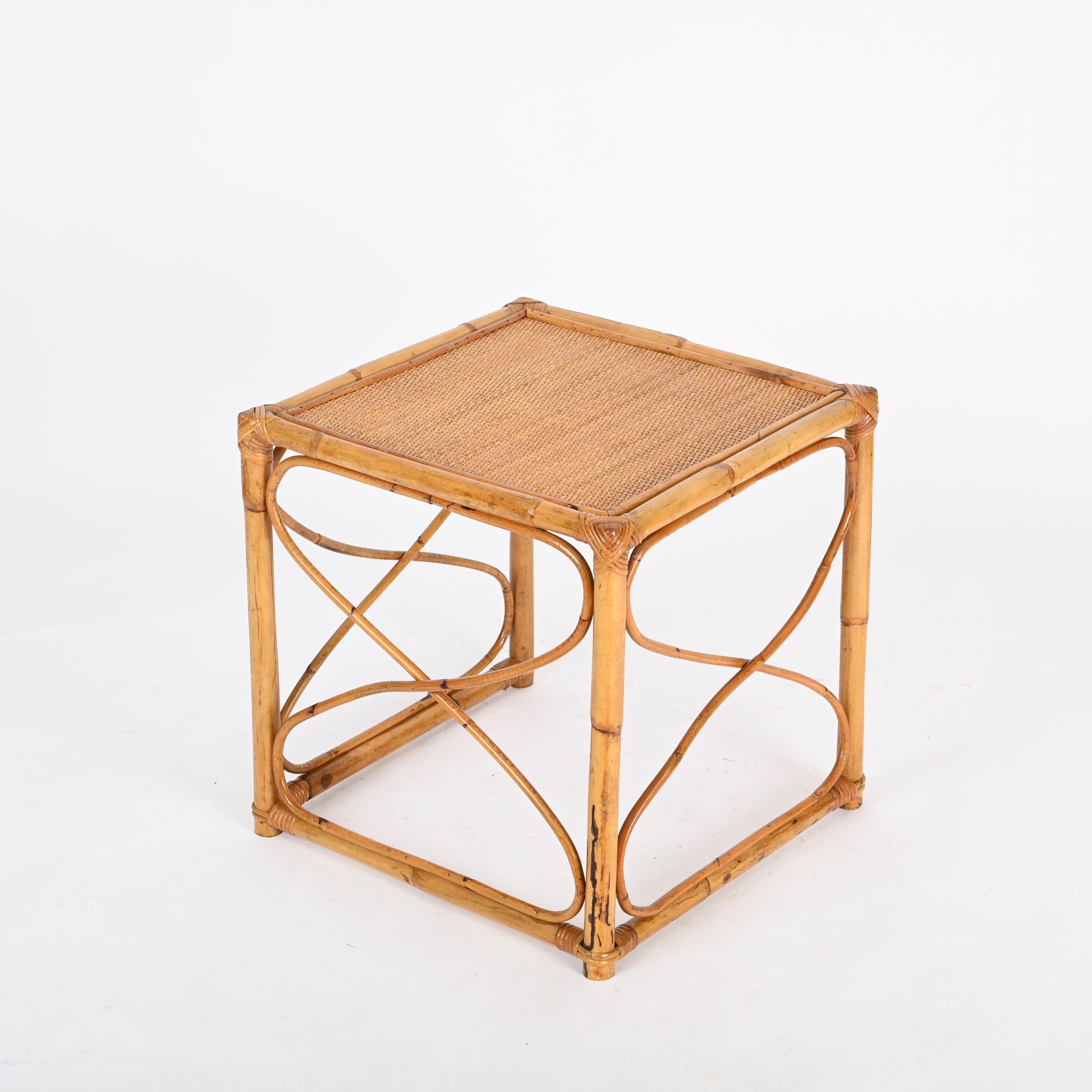Vivai del Sud Quadratischer Couchtisch aus Bambus und Rattan aus der Mitte des Jahrhunderts, Italien 1970 im Angebot 3