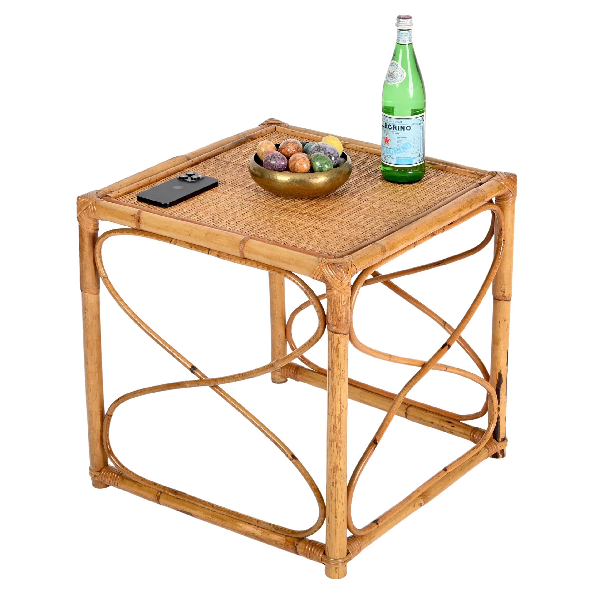 Vivai del Sud Quadratischer Couchtisch aus Bambus und Rattan aus der Mitte des Jahrhunderts, Italien 1970 im Angebot