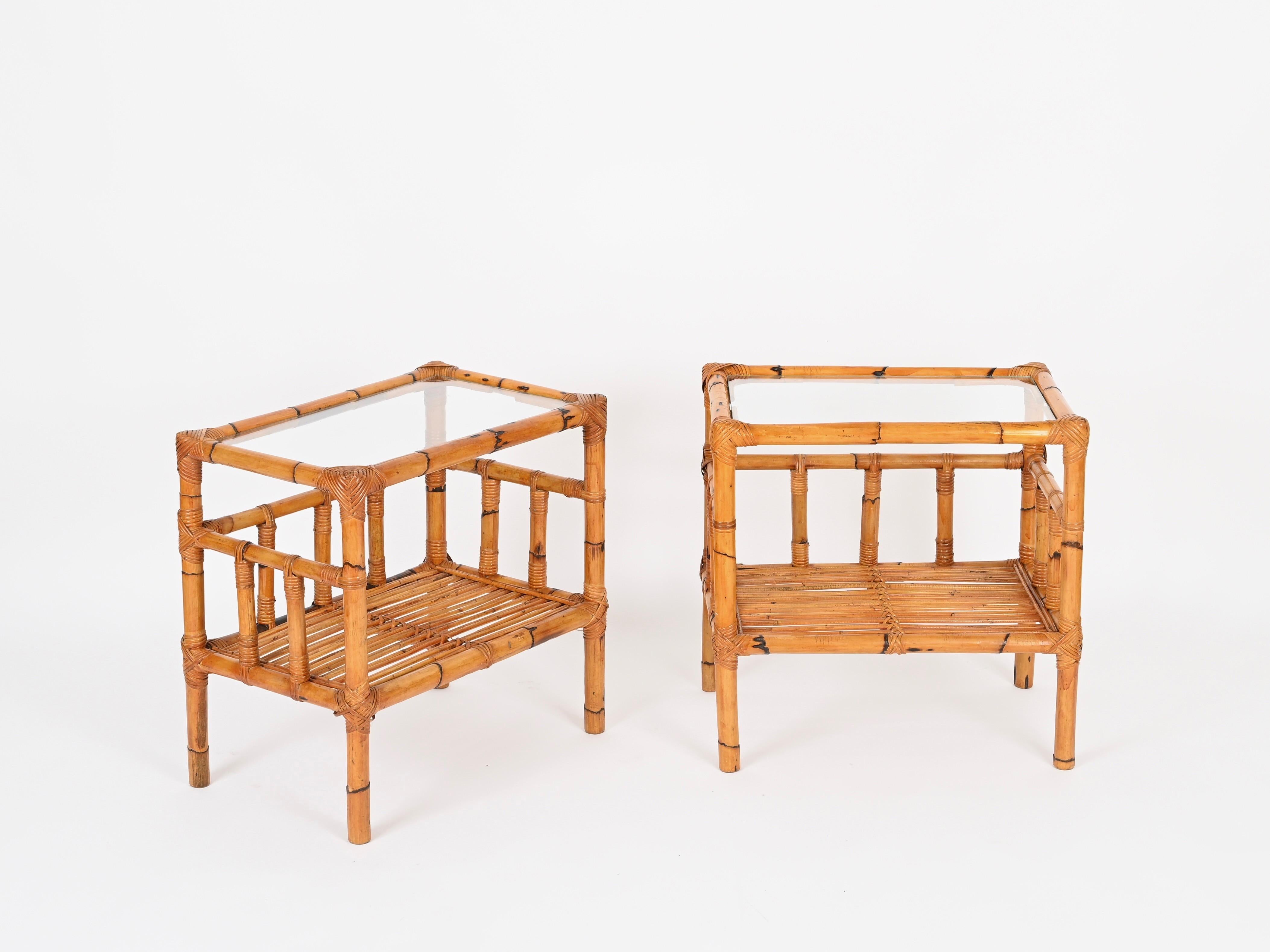 Stunning pair of Mid-Century nightstands, fully hand-made in bamboo, rattan, and hand-woven wicker, completed with a crystal glass top. These unique organic nightstands were produced by Vivai del Sud in Italy during the 1970s.

In fantastic
