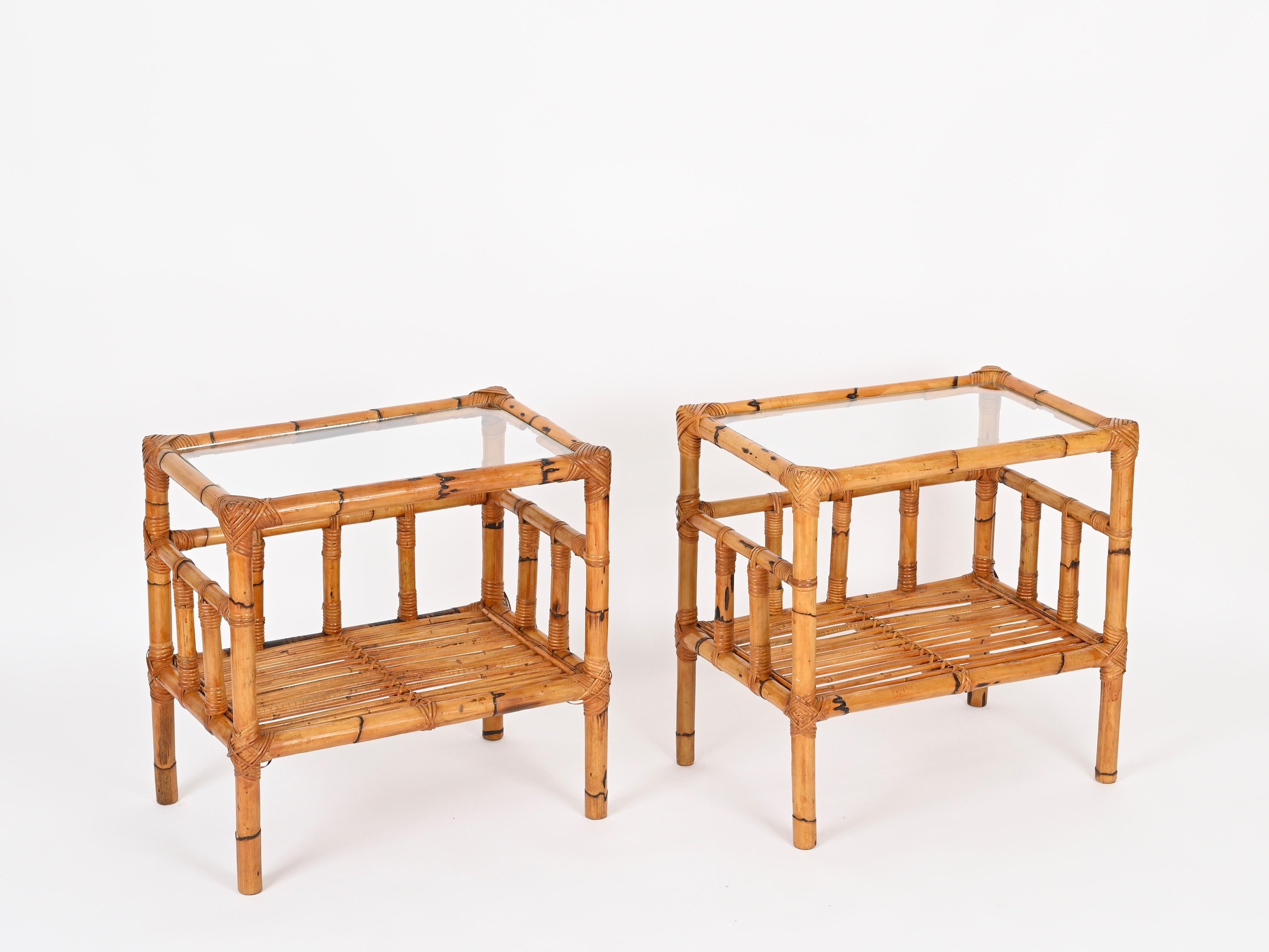 Europeo Vivai del Sud Pair of Nightstands in Bamboo, Rattan and Wicker, Italy 1970s in vendita