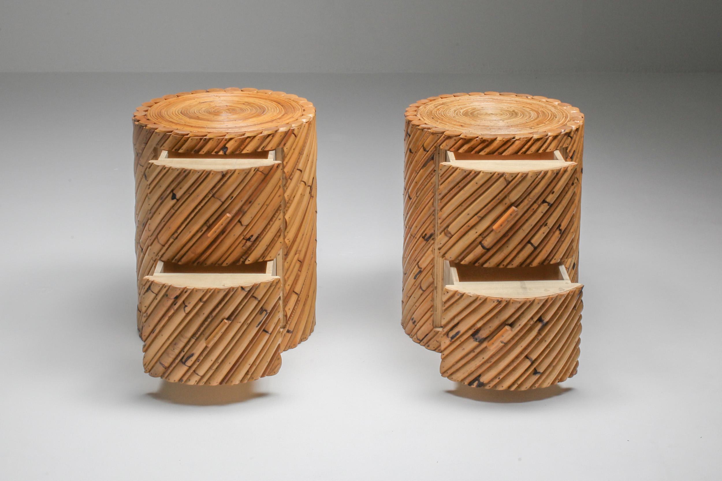 Bamboo and wicker, nightstands, Vivai del Sud, Italy, 1970s

Tropicalist high-end pair of round side tables,
each have two drawers for planty of storage.
Could be used next to your favorite couch or in the bedroom.
Fits well in an eclectic
