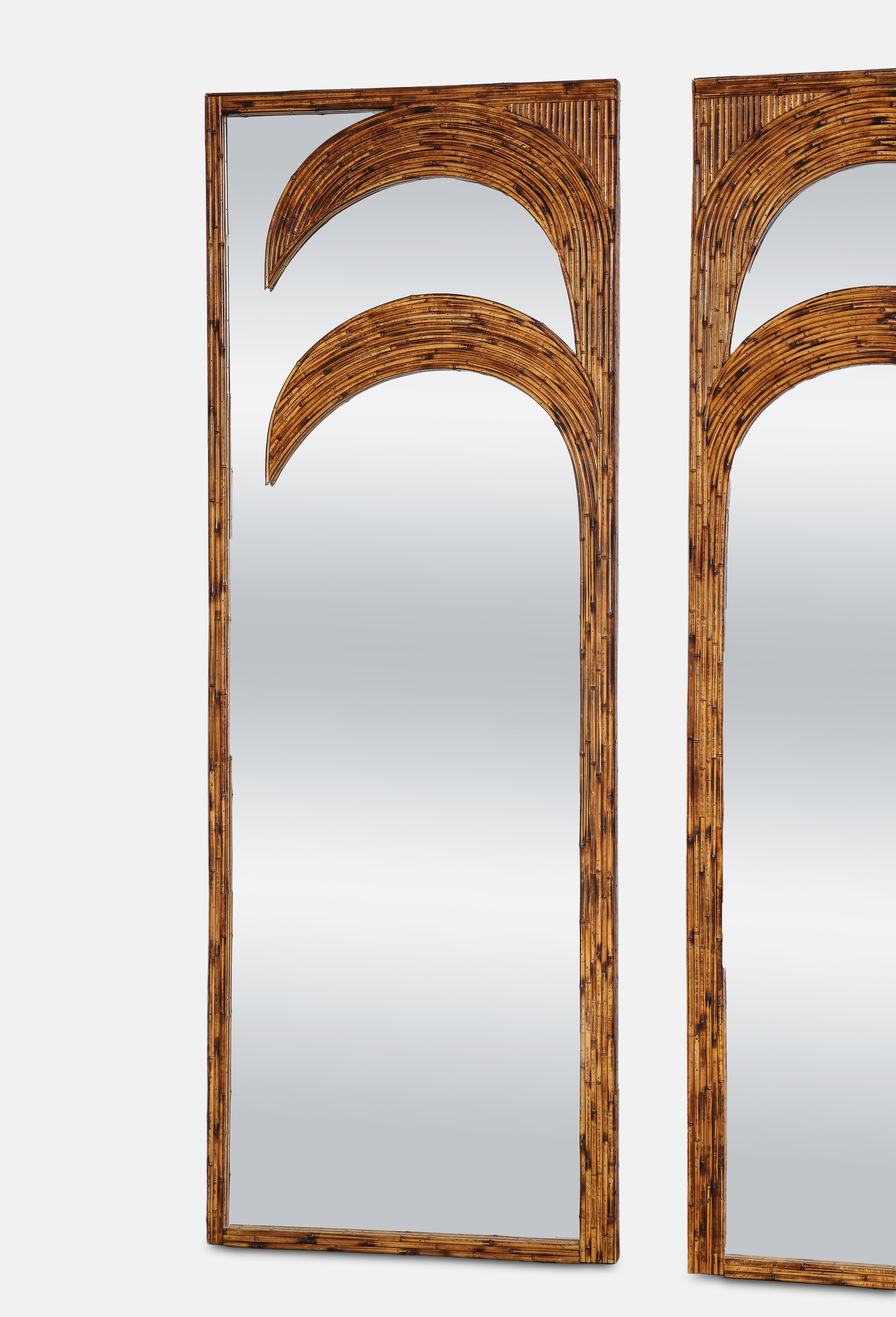 Mid-Century Modern Vivai del Sud Pair of Standing Bamboo Palm Tree Mirrors, Italy, 1970s