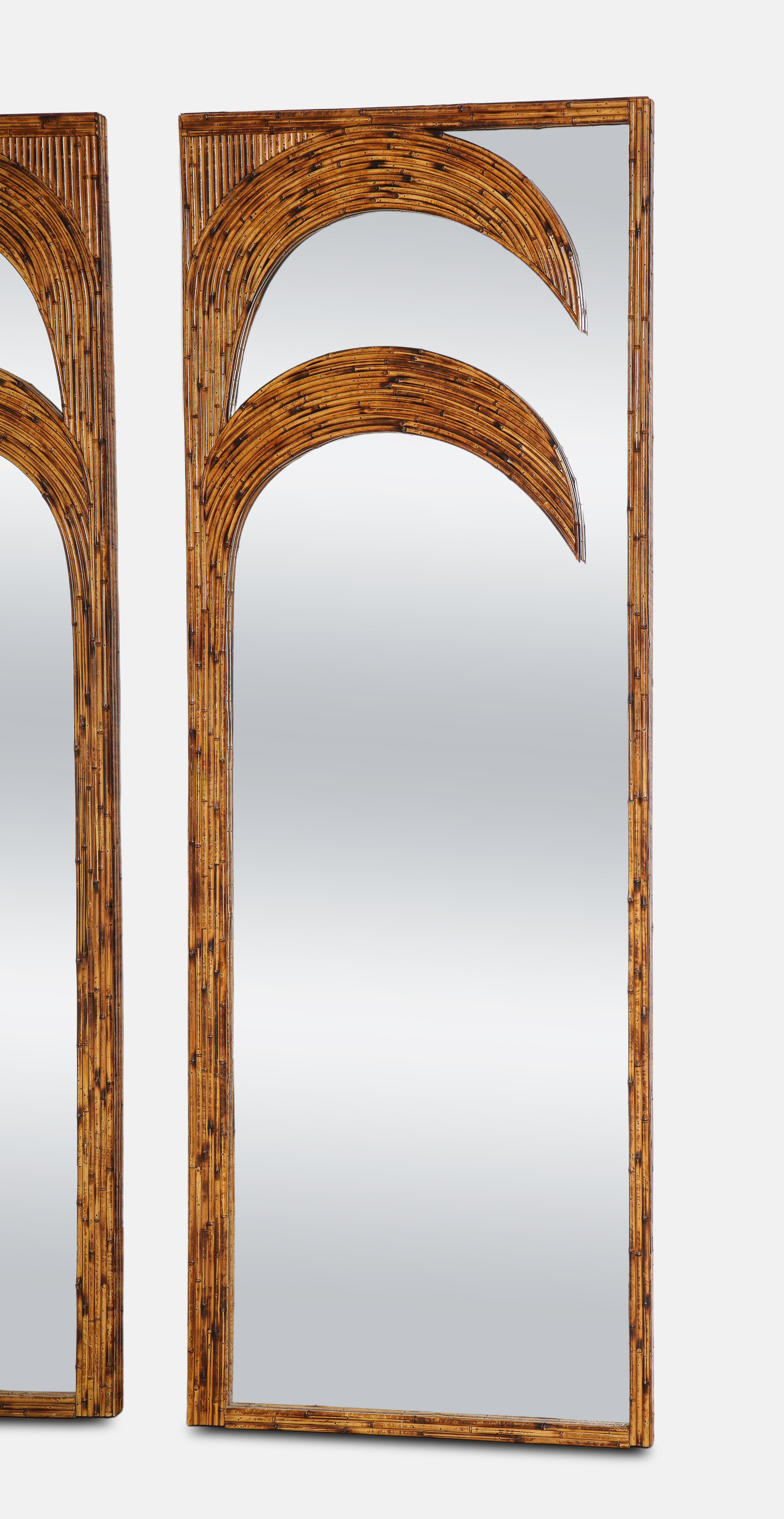 Italian Vivai del Sud Pair of Standing Bamboo Palm Tree Mirrors, Italy, 1970s