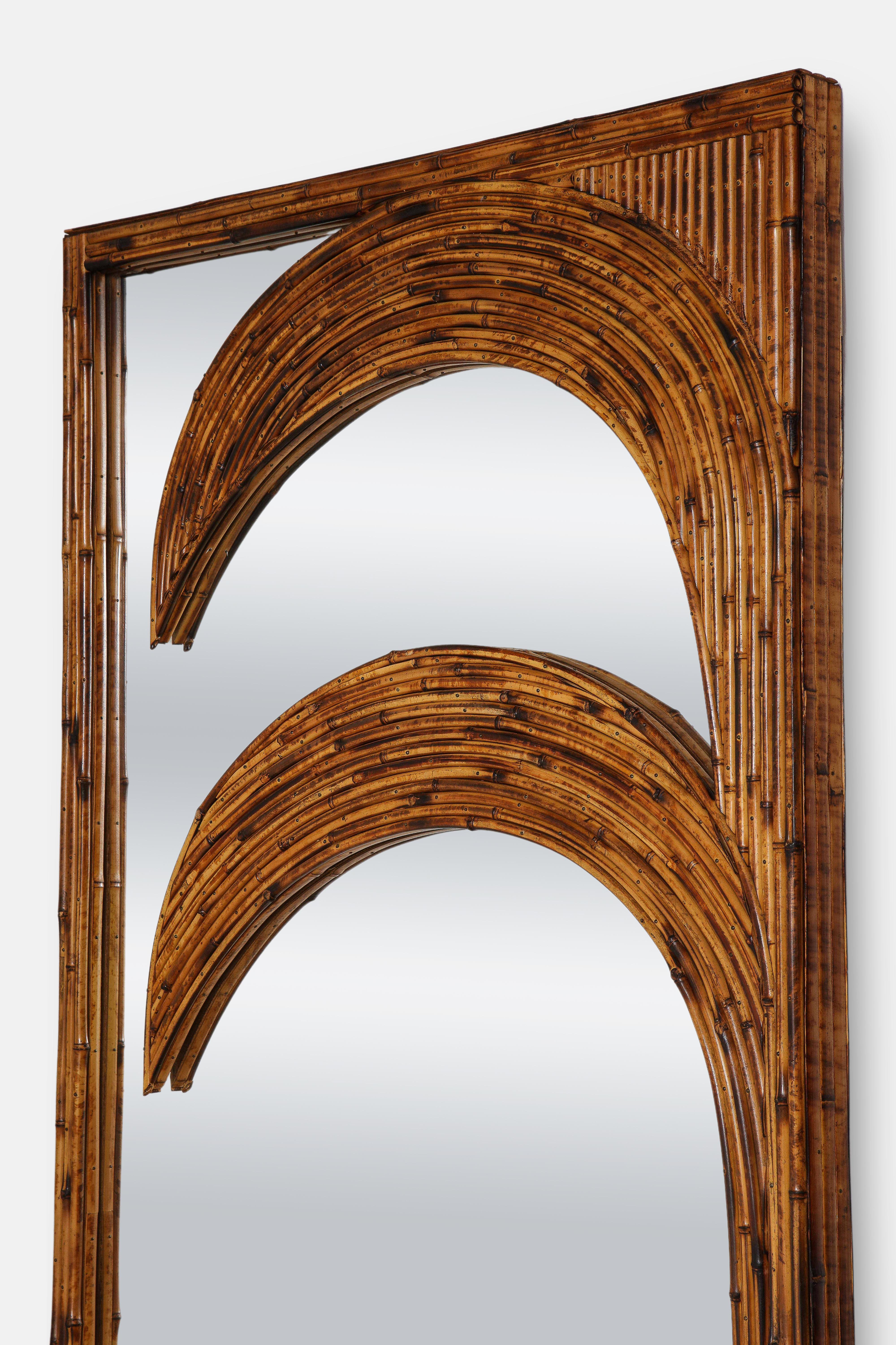 Hand-Crafted Vivai del Sud Pair of Standing Bamboo Palm Tree Mirrors, Italy, 1970s