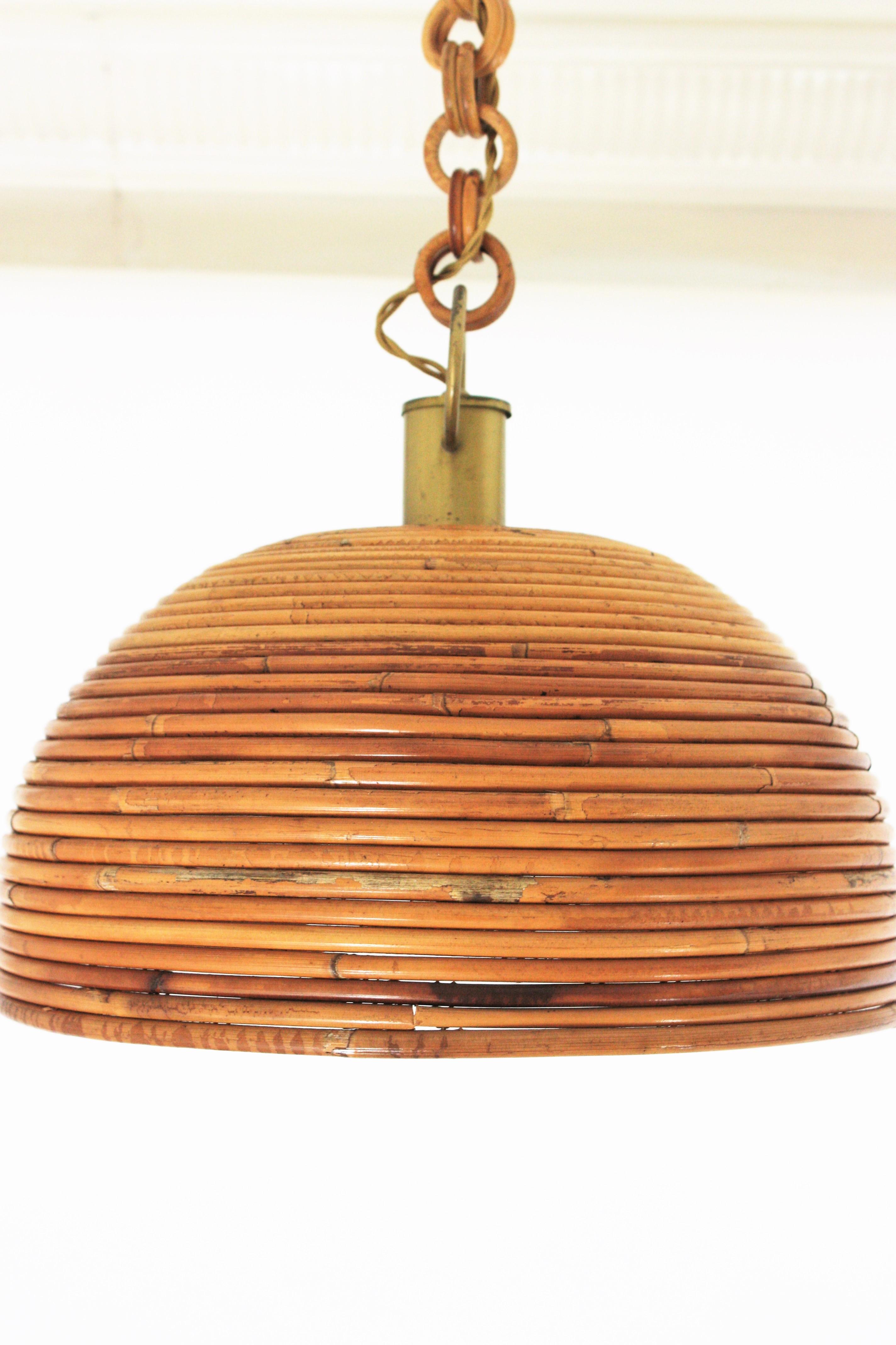 Hand-Crafted Vivai del Sud Pencil Reed Rattan Dome Pendant Light, 1960s For Sale