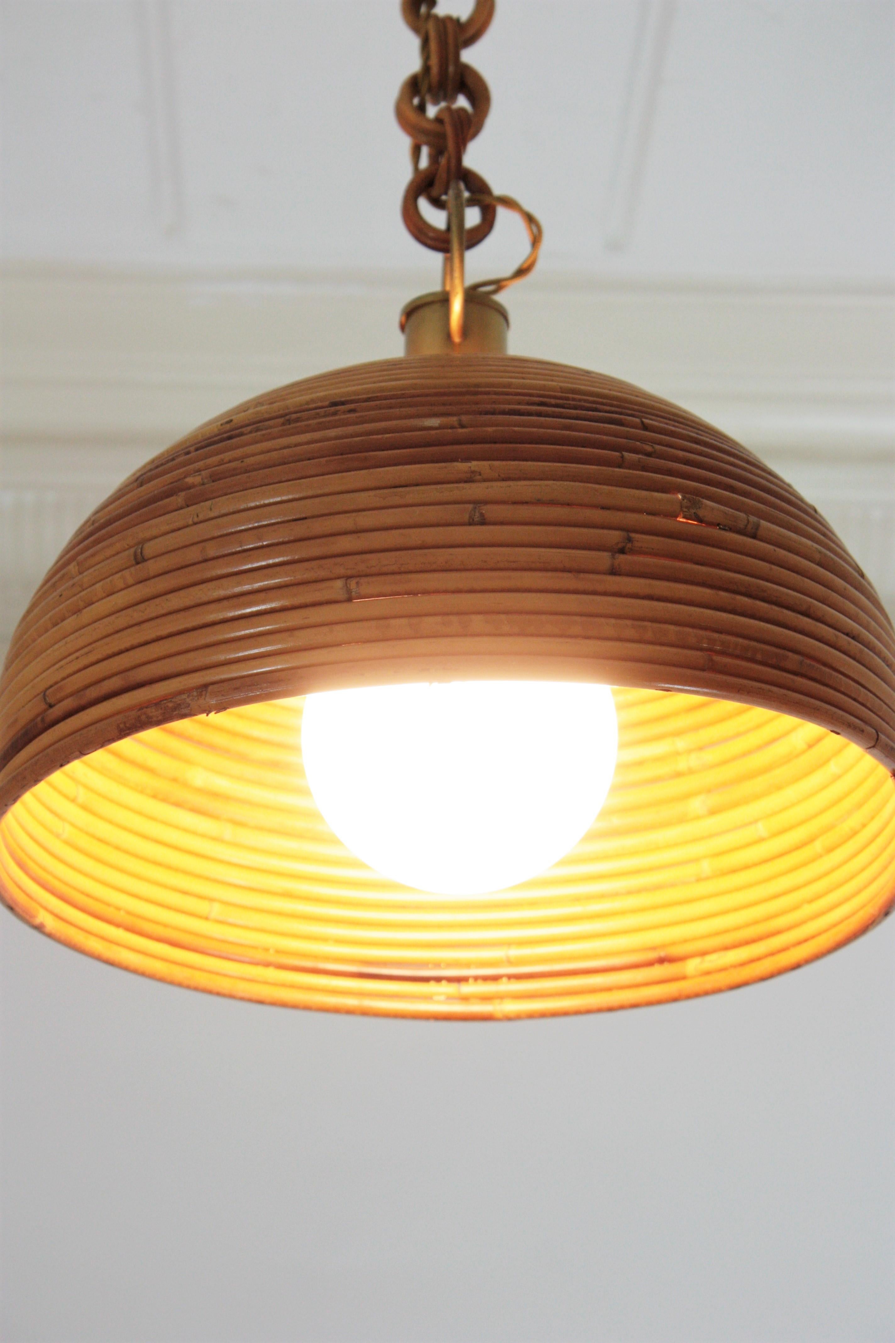 Vivai del Sud Pencil Reed Rattan Dome Pendant Light, 1960s In Good Condition For Sale In Barcelona, ES