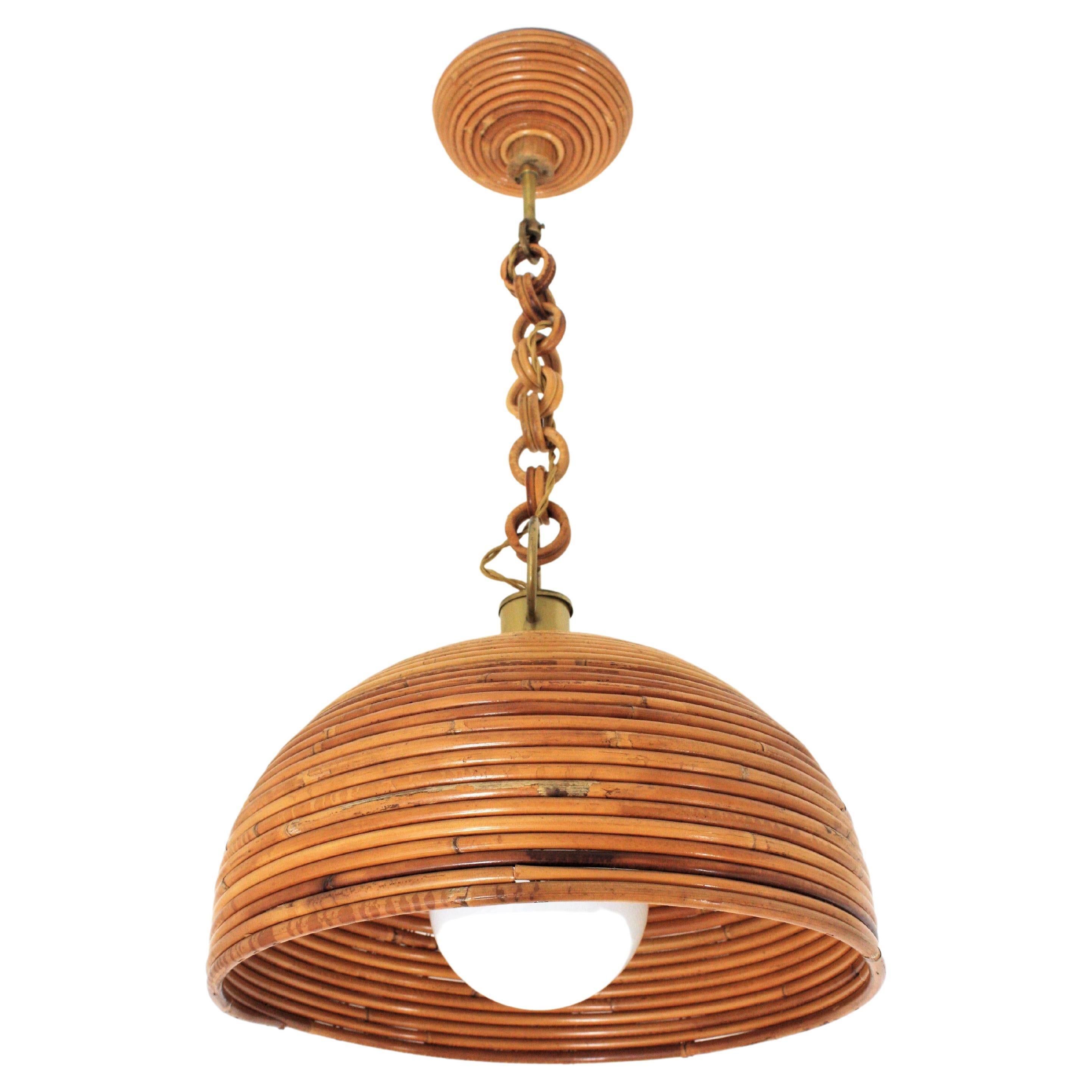 Vivai del Sud Pencil Reed Rattan Dome Pendant Light, 1960s