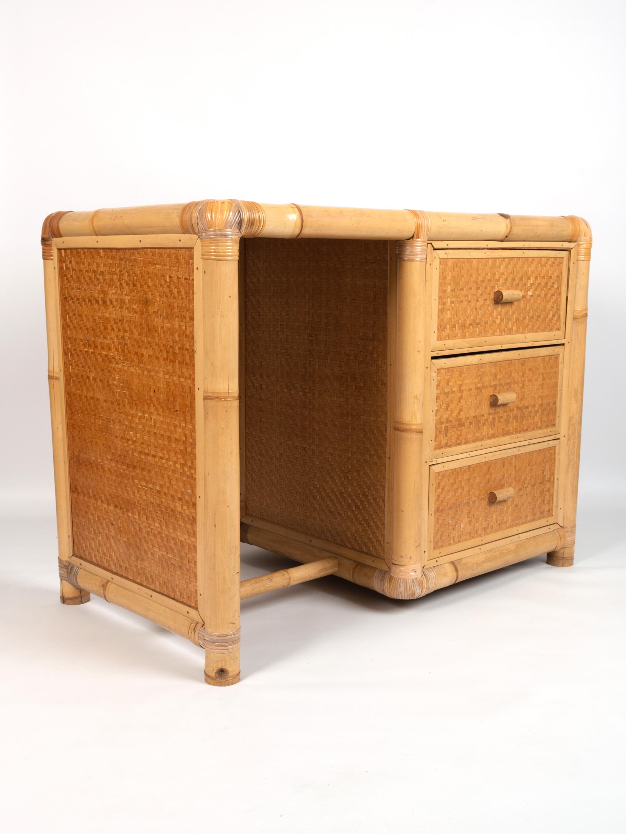 Late 20th Century Vivai del Sud Rattan and Bamboo Desk / Vanity Table Italy, C.1970 For Sale