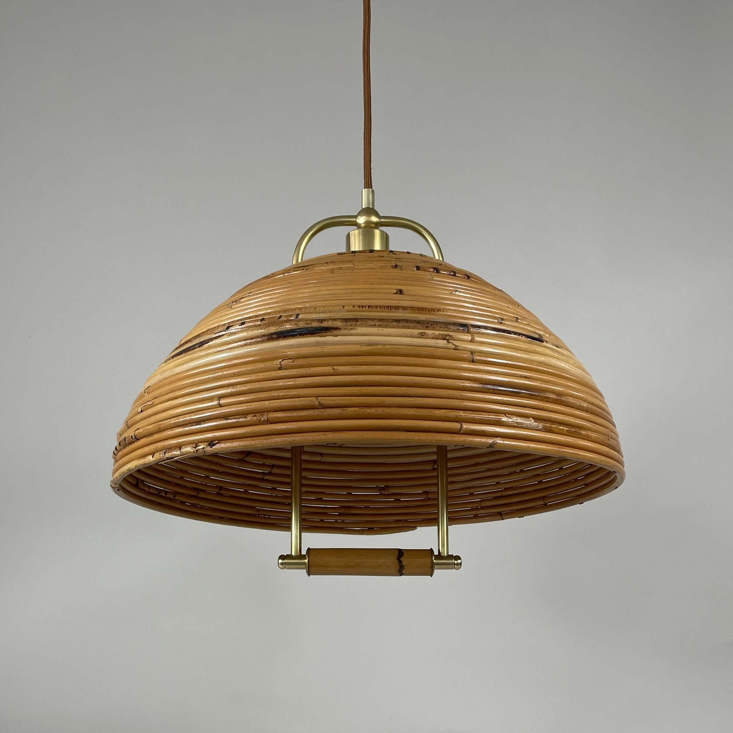 Vivai Del Sud Rattan and Brass Chandelier Pendant, Italy 1960s 10