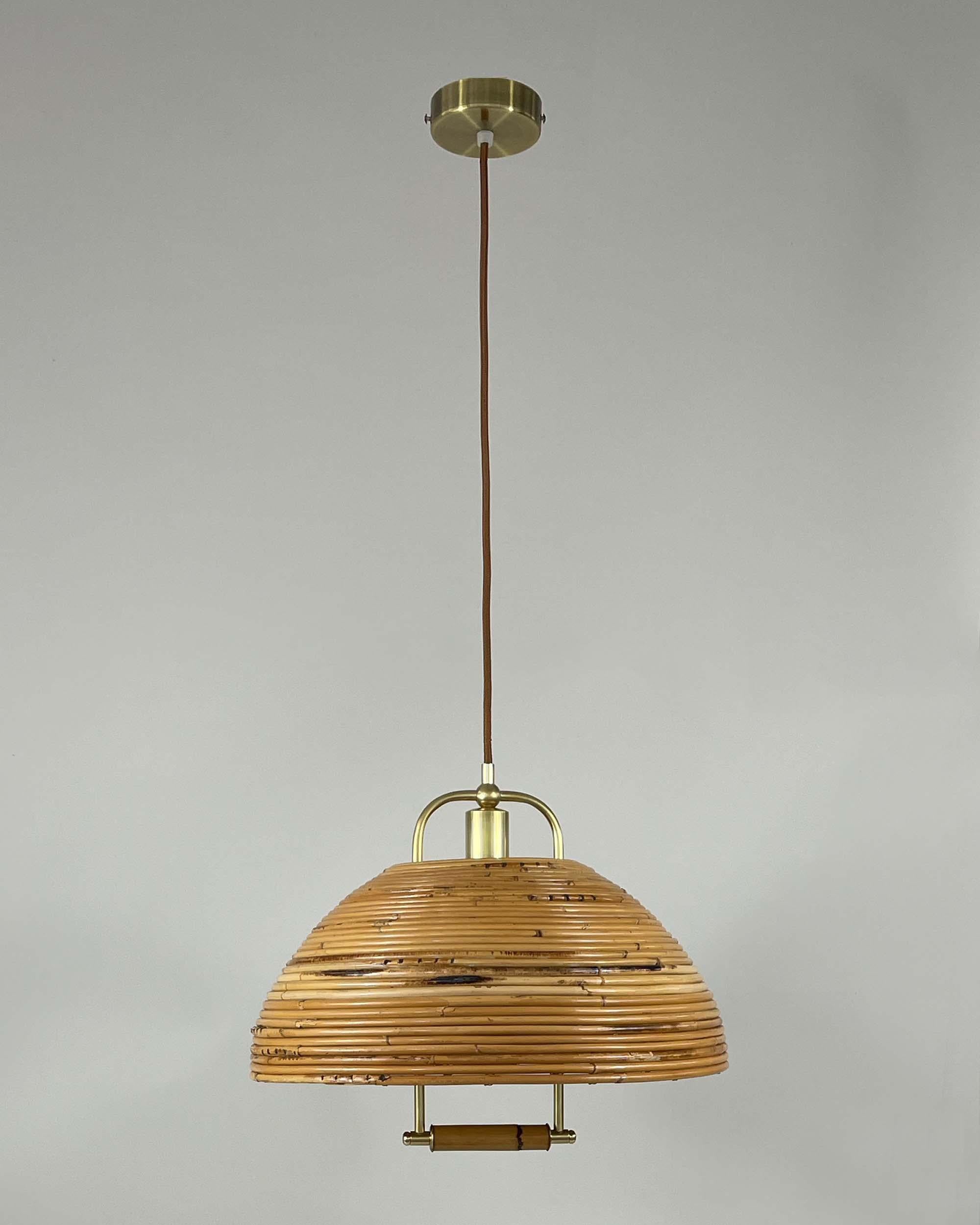 Vivai Del Sud Rattan and Brass Chandelier Pendant, Italy 1960s In Good Condition In NUEMBRECHT, NRW