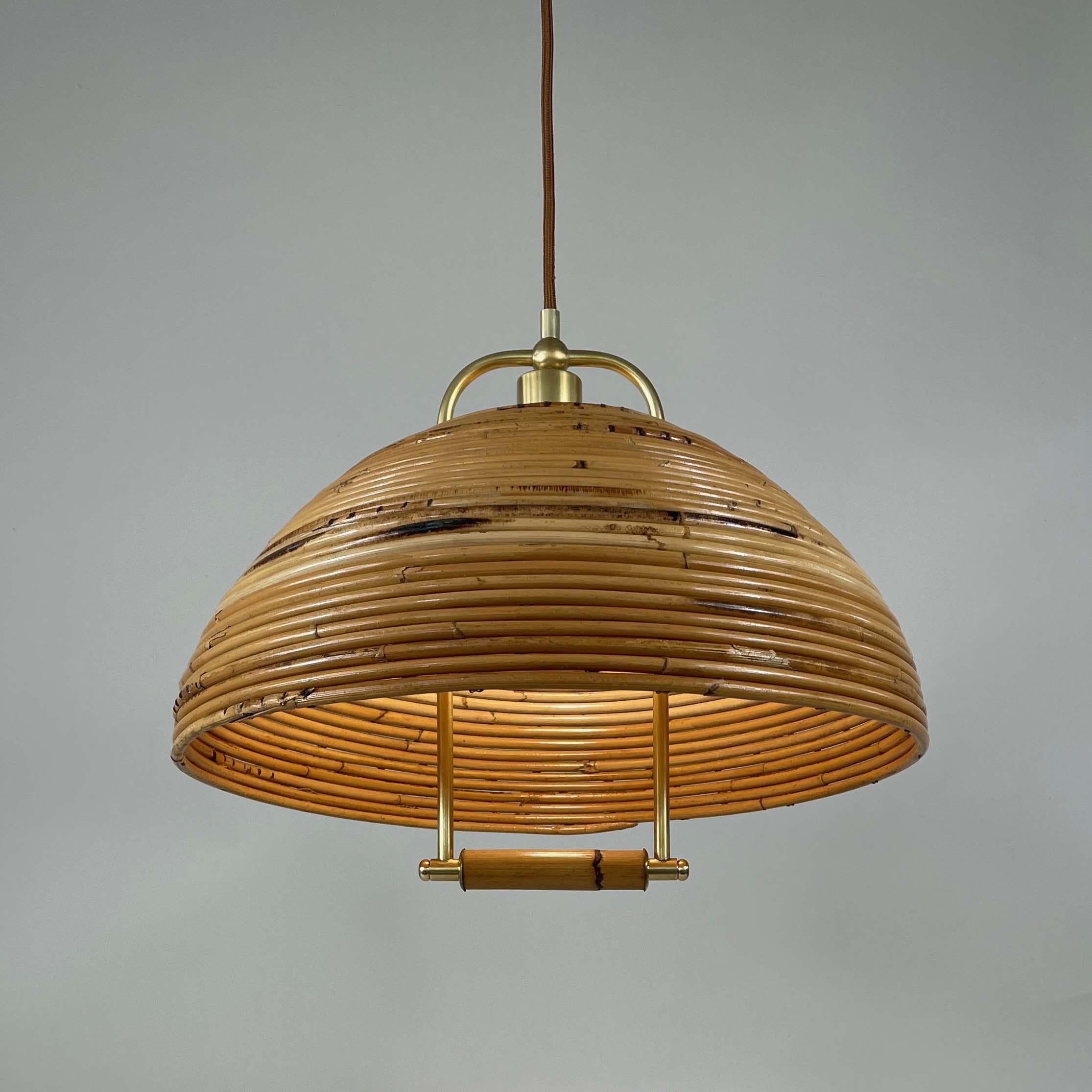 Mid-20th Century Vivai Del Sud Rattan and Brass Chandelier Pendant, Italy 1960s