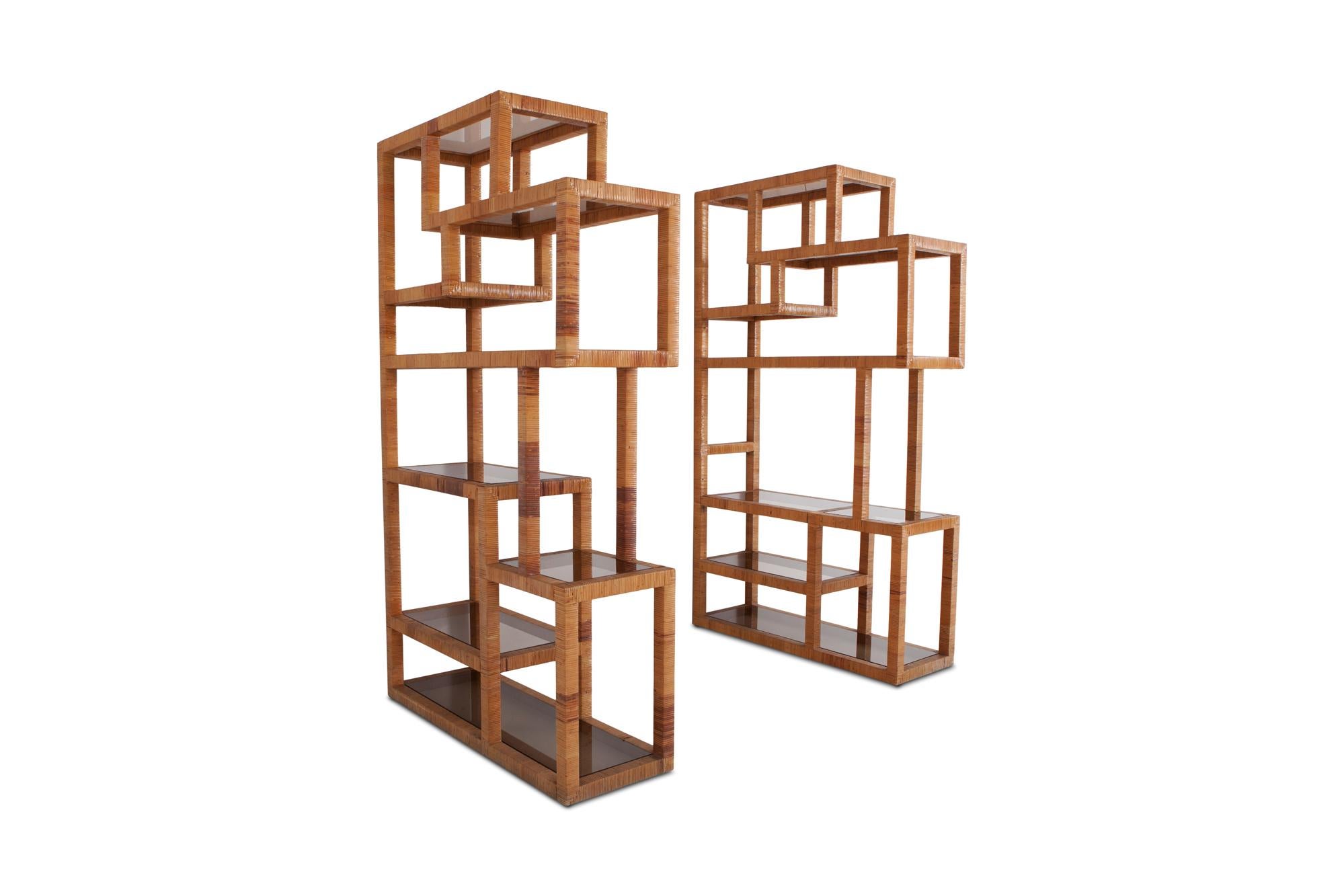 Vivai del Sud Rattan and Smoked Glass pair of shelve units 3