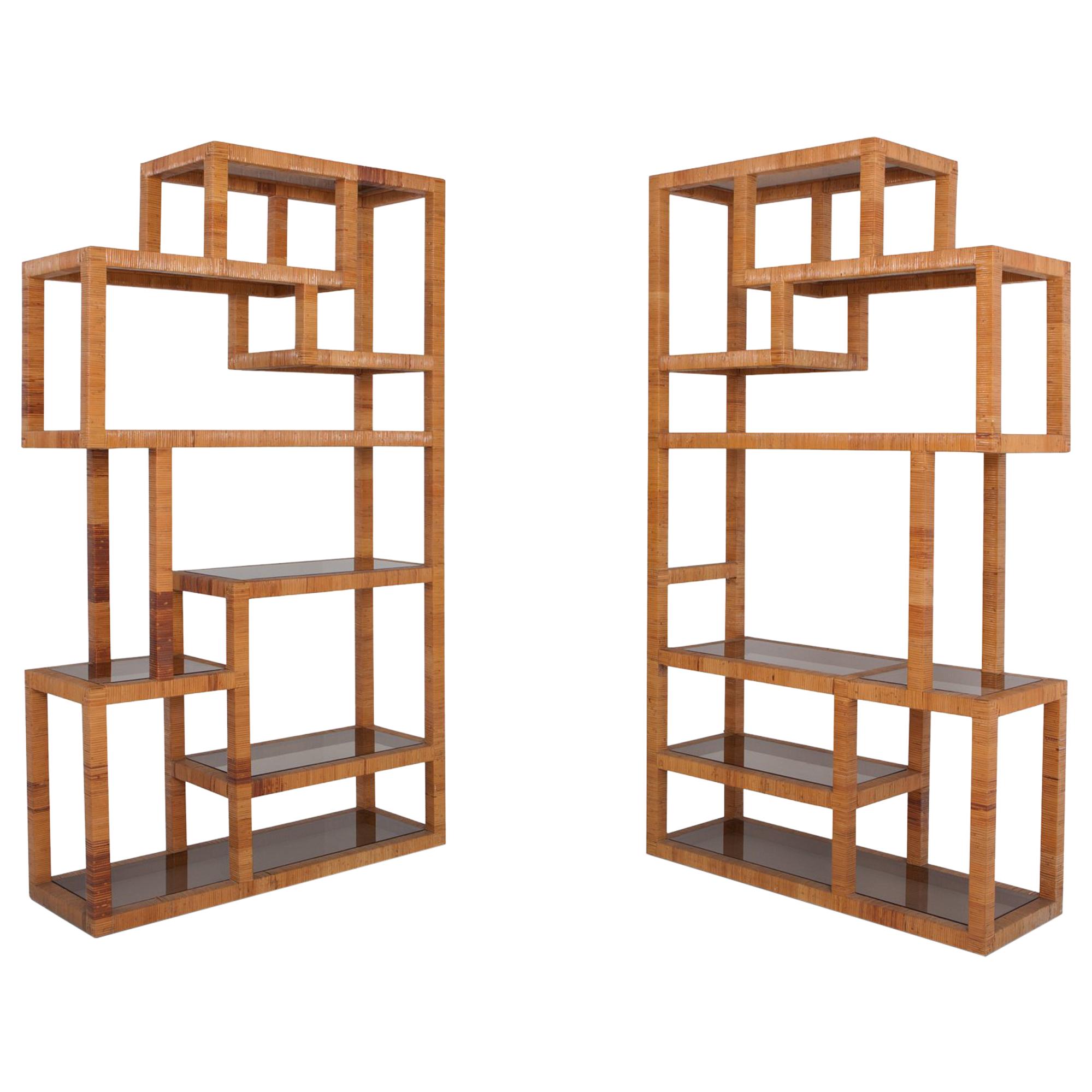 hollywood regency Rattan étagères in true spirit of the Italian designers of Vivai del Sud. 

Due to their size and design these units have a multipurpose use. They can be perfectly used as room dividers, wall units …

Would fit well in a tropical