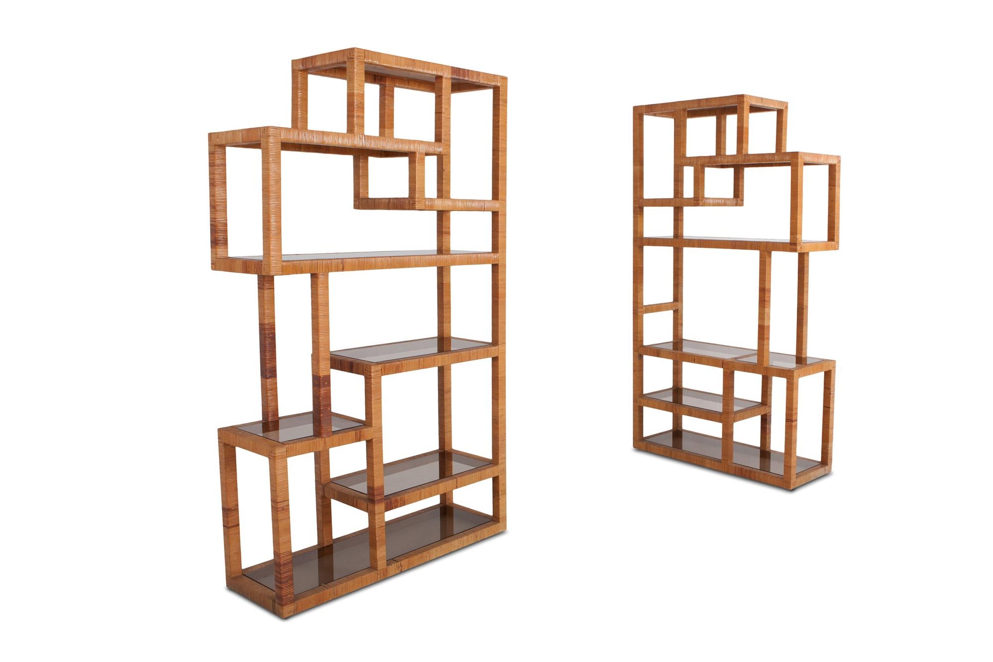 Mid-Century Modern Vivai del Sud Rattan and Smoked Glass pair of shelve units