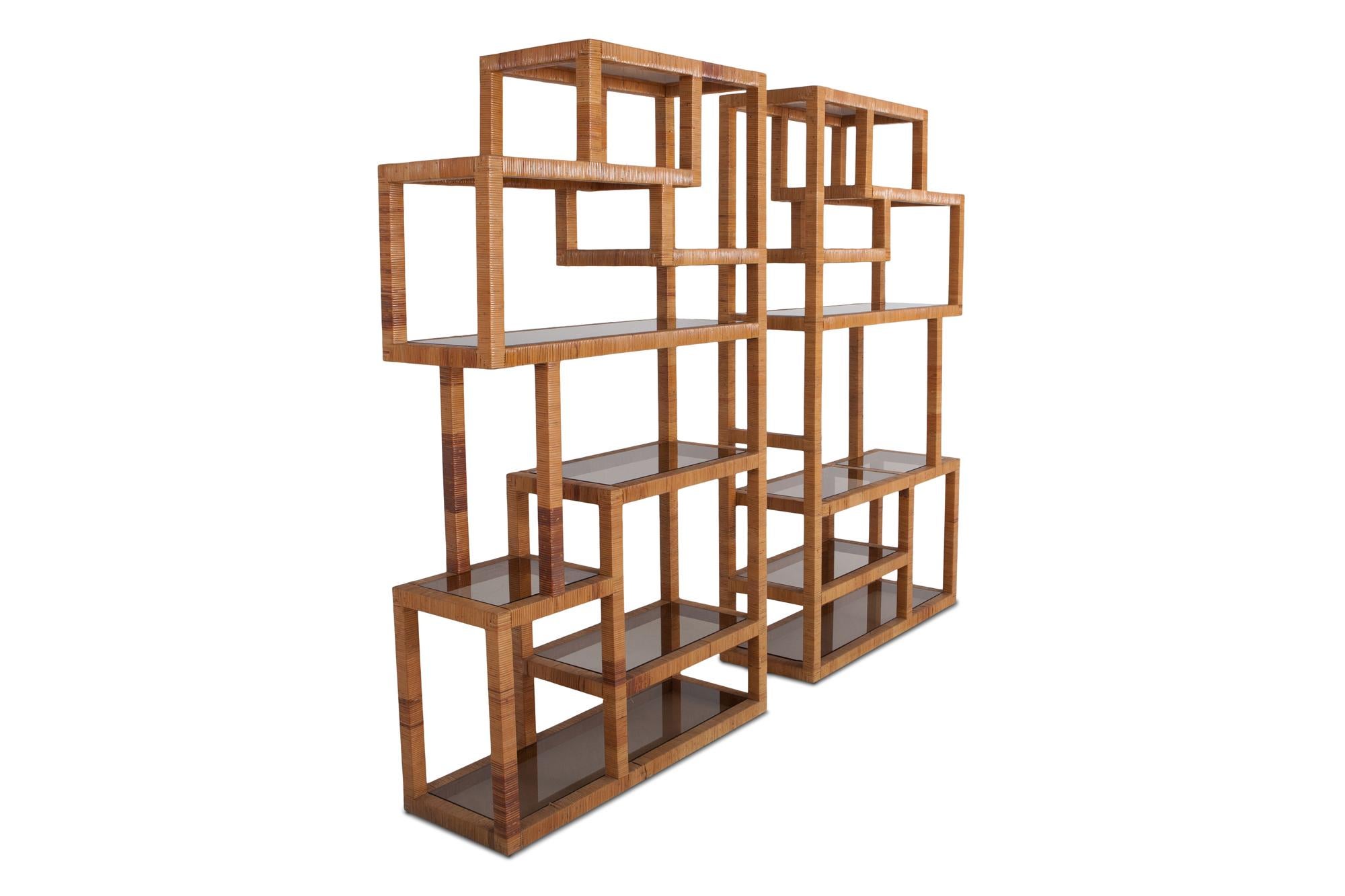 Vivai del Sud Rattan and Smoked Glass pair of shelve units 2