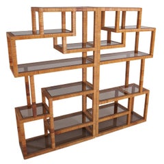 Vintage Vivai del Sud Rattan and Smoked Glass pair of shelve units