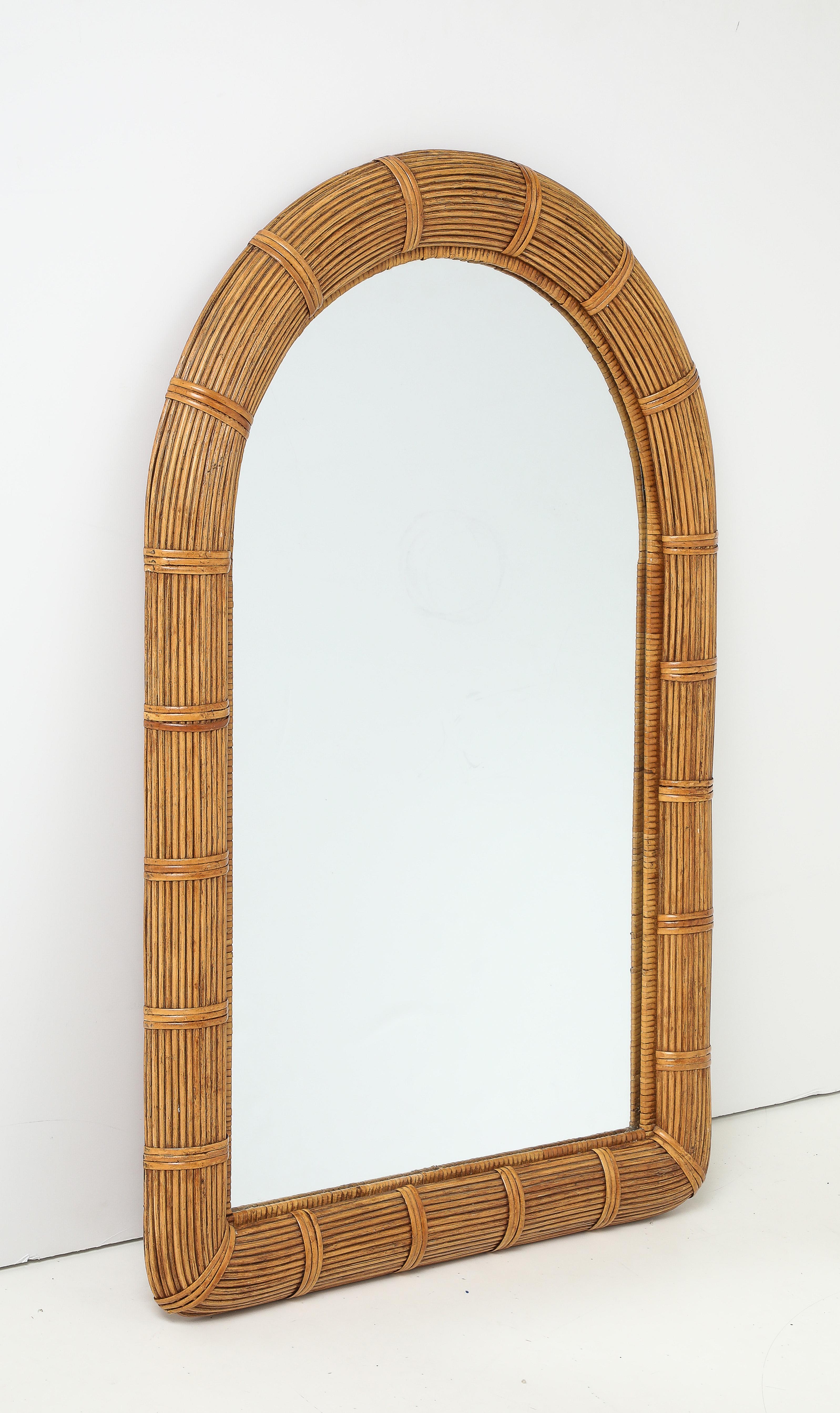 Italian Modernist hand made rattan wrapped arched mirror, Italy c1970s.