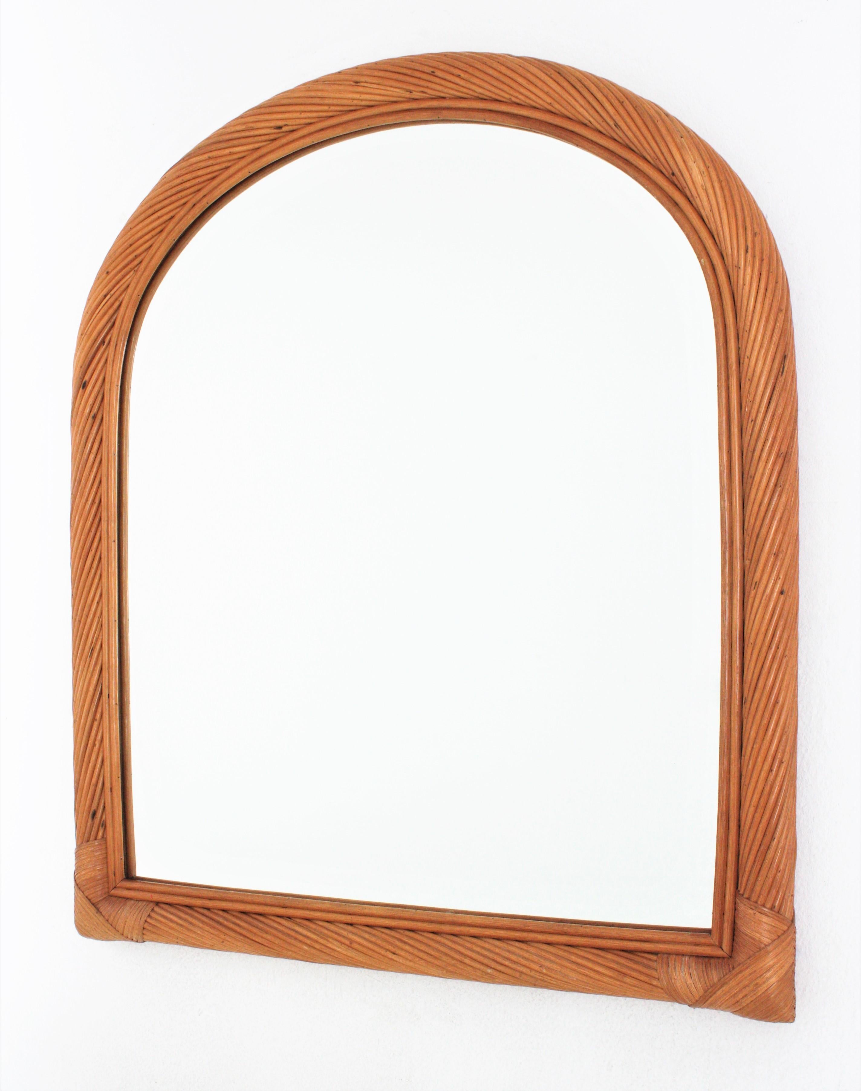 Hand-Crafted Vivai del Sud Rattan Pencil Reed Rattan Arched Mirror For Sale