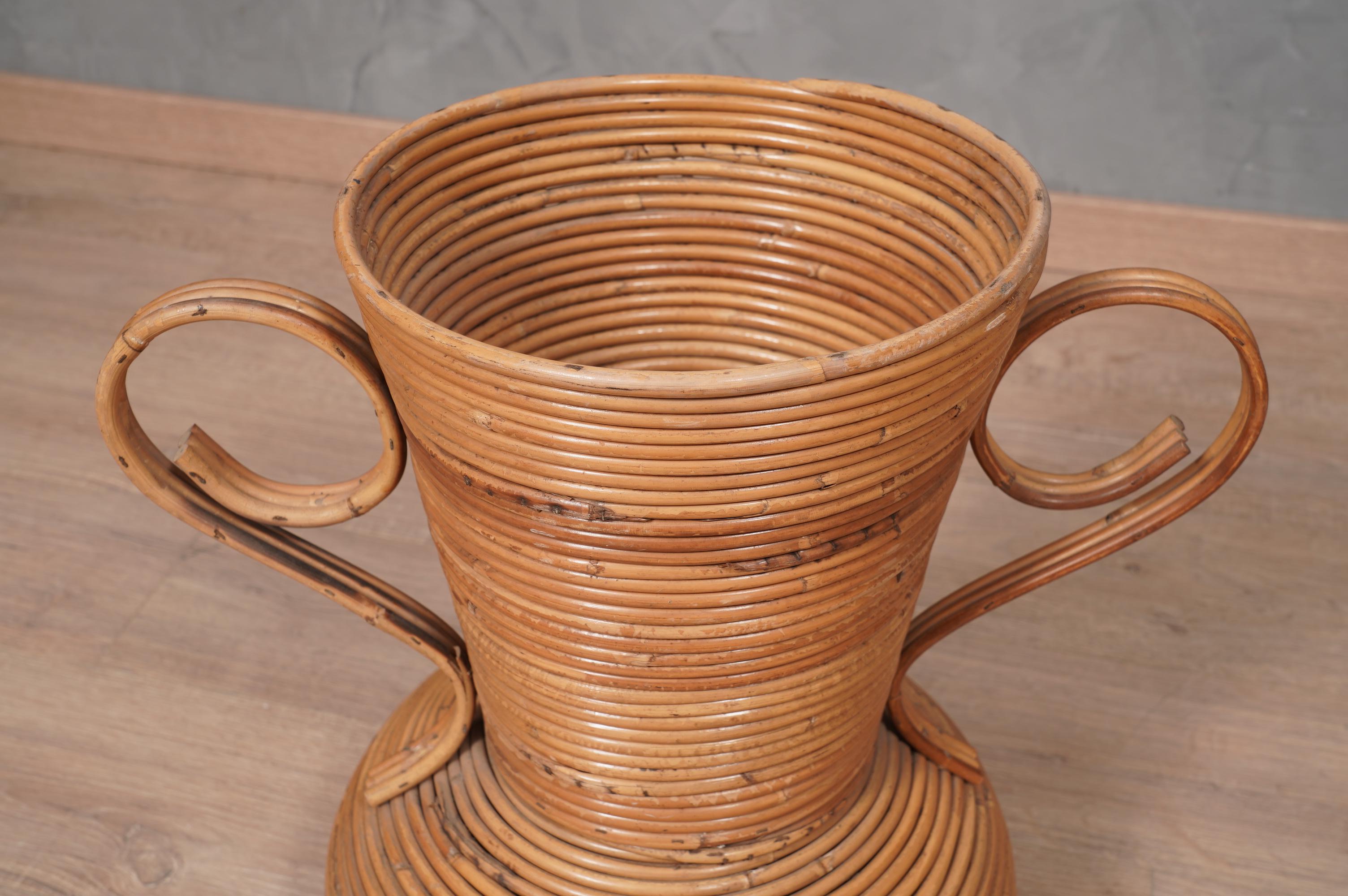 Mid-20th Century Vivai Del Sud Rattan Warm Honey Color Italy Amphora Vase, 1960 For Sale