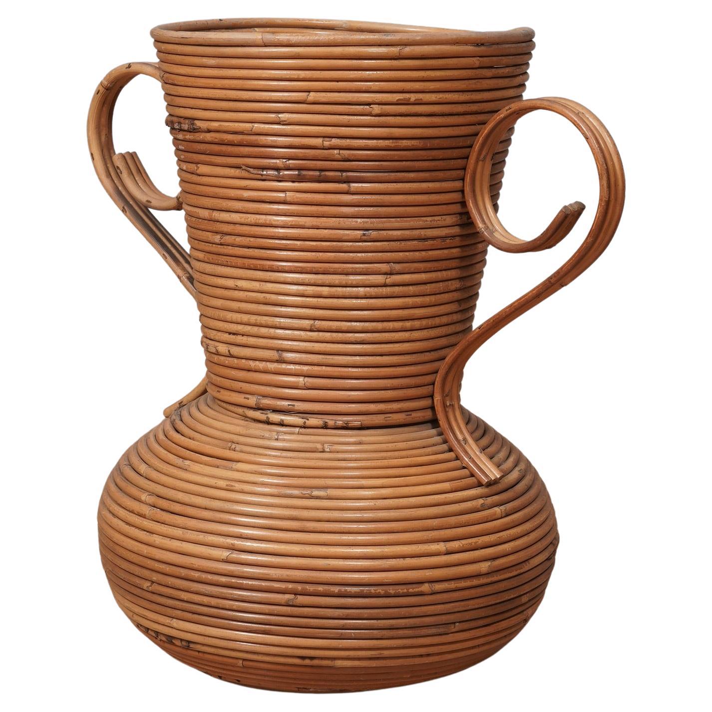 Vivai Del Sud Rattan Warm Honey Color Italy Amphora Vase, 1960 For Sale