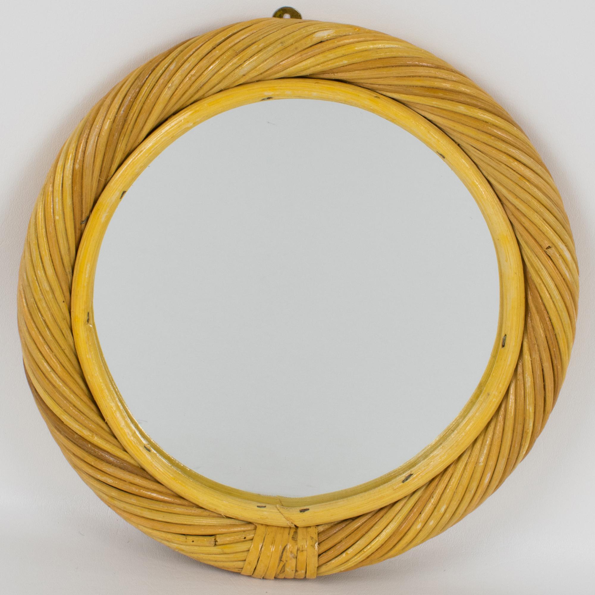Italian Vivai del Sud, Roma Rattan Wicker Bamboo Wall-Mounted Round Mirror, circa 1960 For Sale