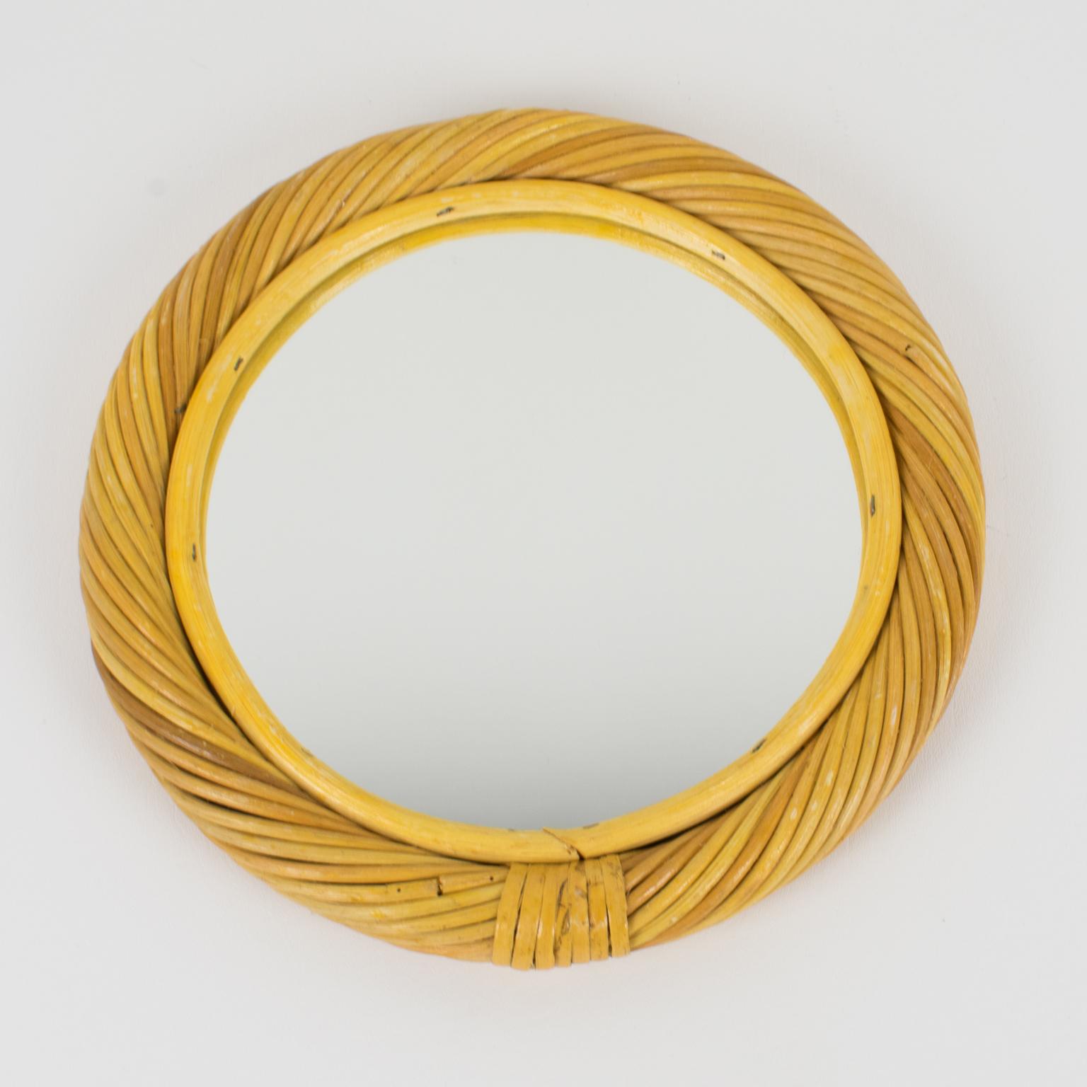 Mid-20th Century Vivai del Sud, Roma Rattan Wicker Bamboo Wall-Mounted Round Mirror, circa 1960 For Sale