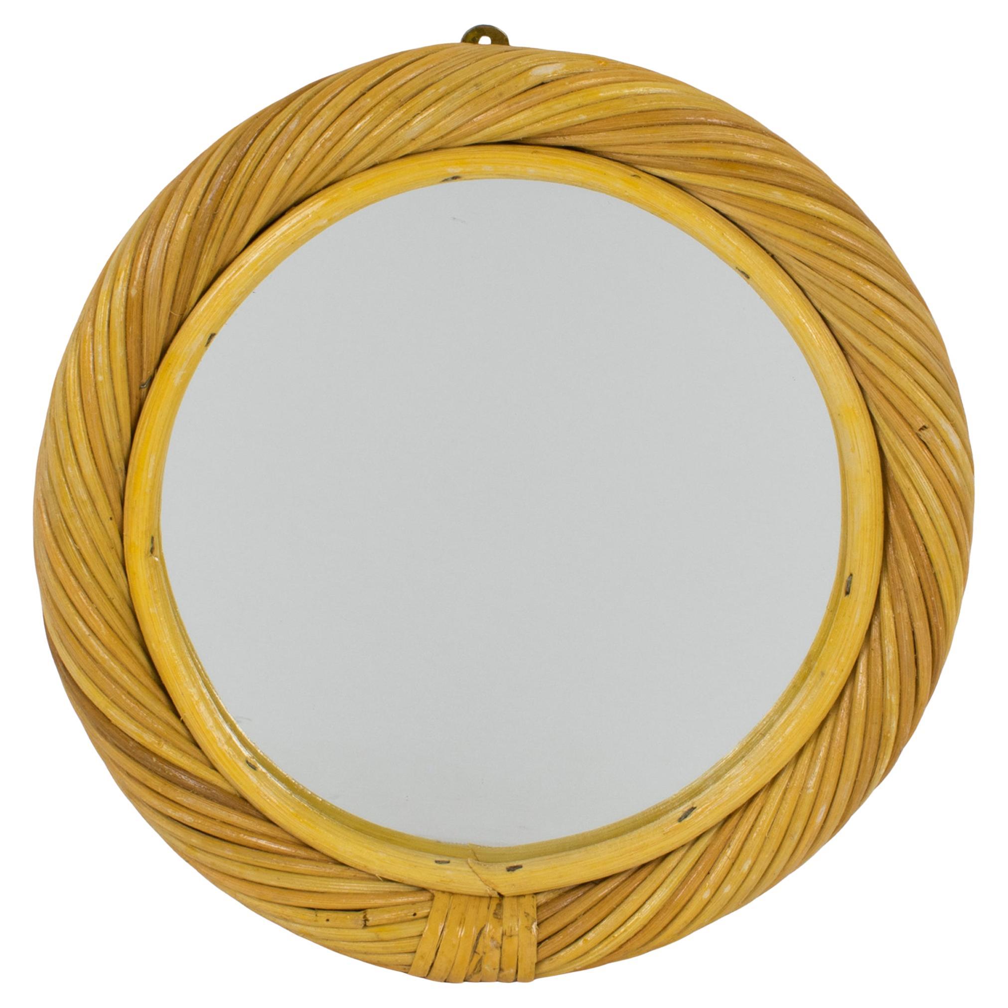 Vivai del Sud, Roma Rattan Wicker Bamboo Wall-Mounted Round Mirror, circa 1960 For Sale