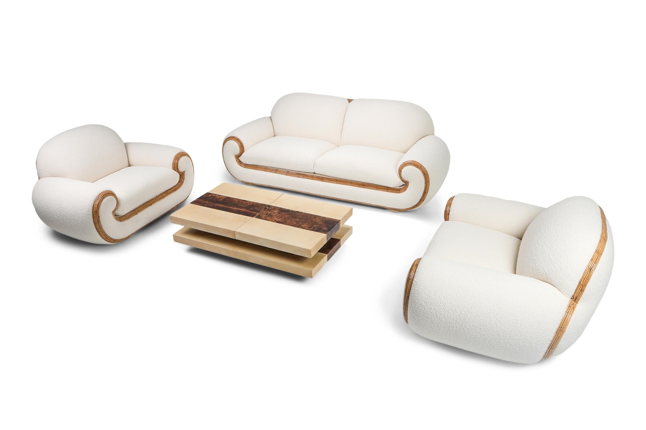 Tropicalist 1970s Italian version of the Ours Polaire sofa set by Jean Royère.
Magnificent pieces with impressive quality and dimensions.
The set consist of two matching club chairs and one large couch.
They are presented in the added picture