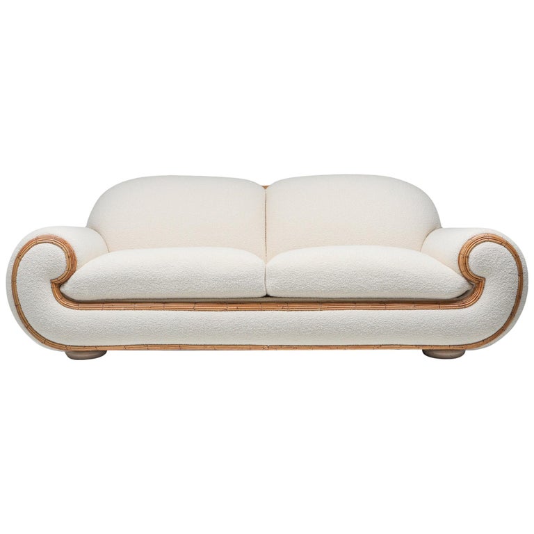 Vivai del Sud 1970s Sofa in Bouclé Wool and Rattan For Sale