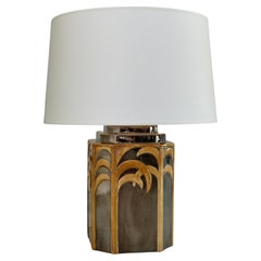 Vivai Del Sud sophisticated ceramic lamp with palm tree decor, Italy 1970s