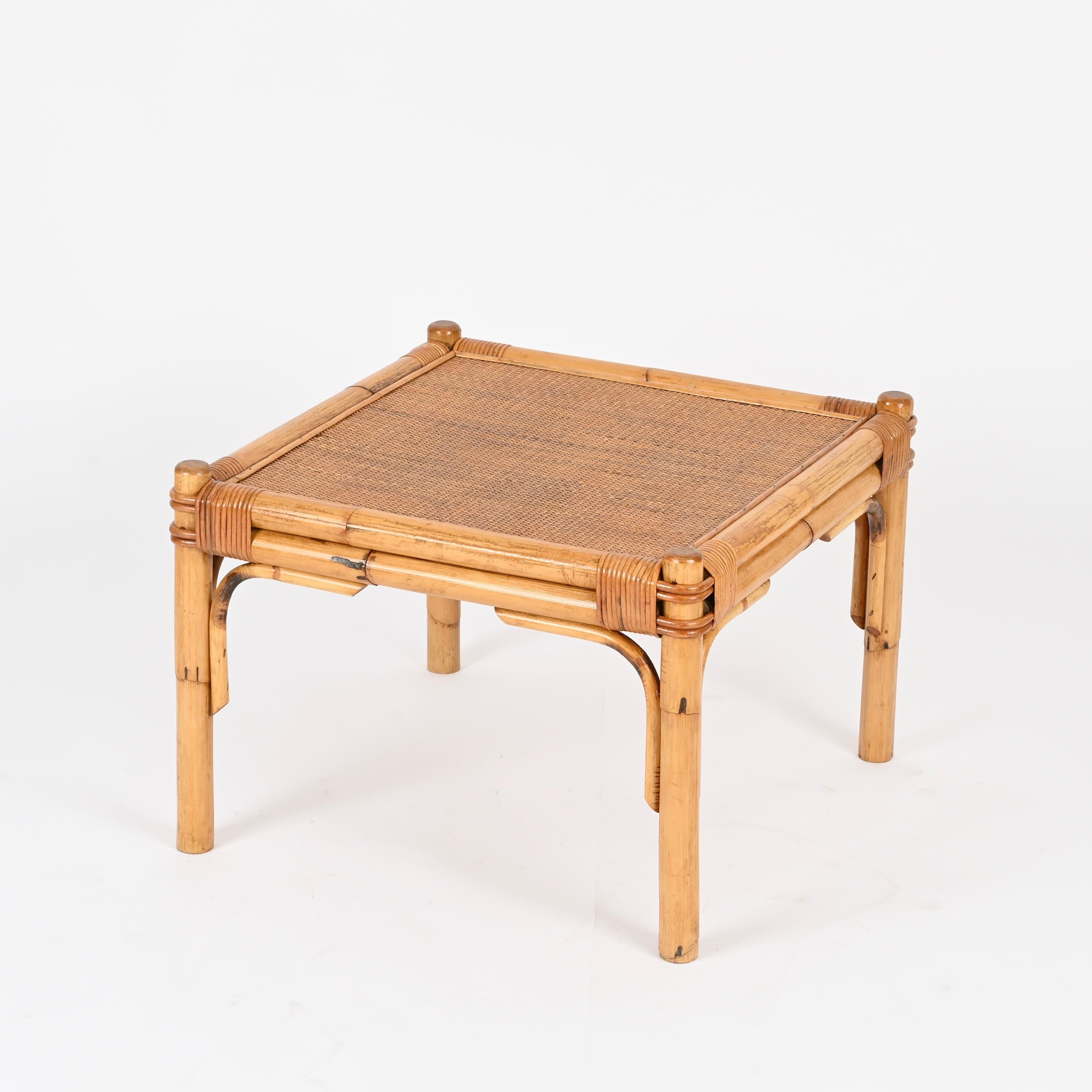 Mid-Century Modern Vivai del Sud Square Coffee Table in Bamboo, Wicker and Rattan, Italy, 1970s For Sale