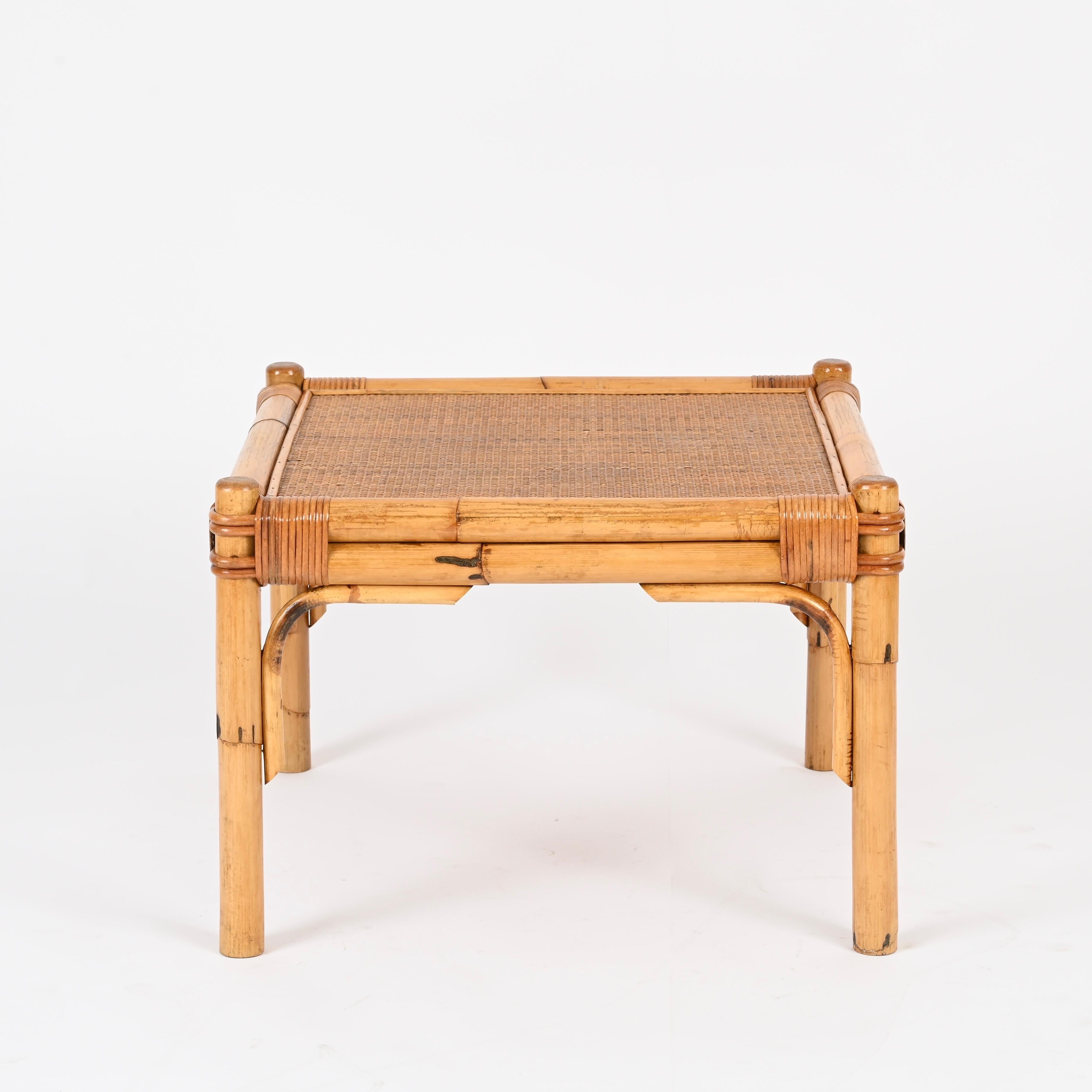 Italian Vivai del Sud Square Coffee Table in Bamboo, Wicker and Rattan, Italy, 1970s For Sale
