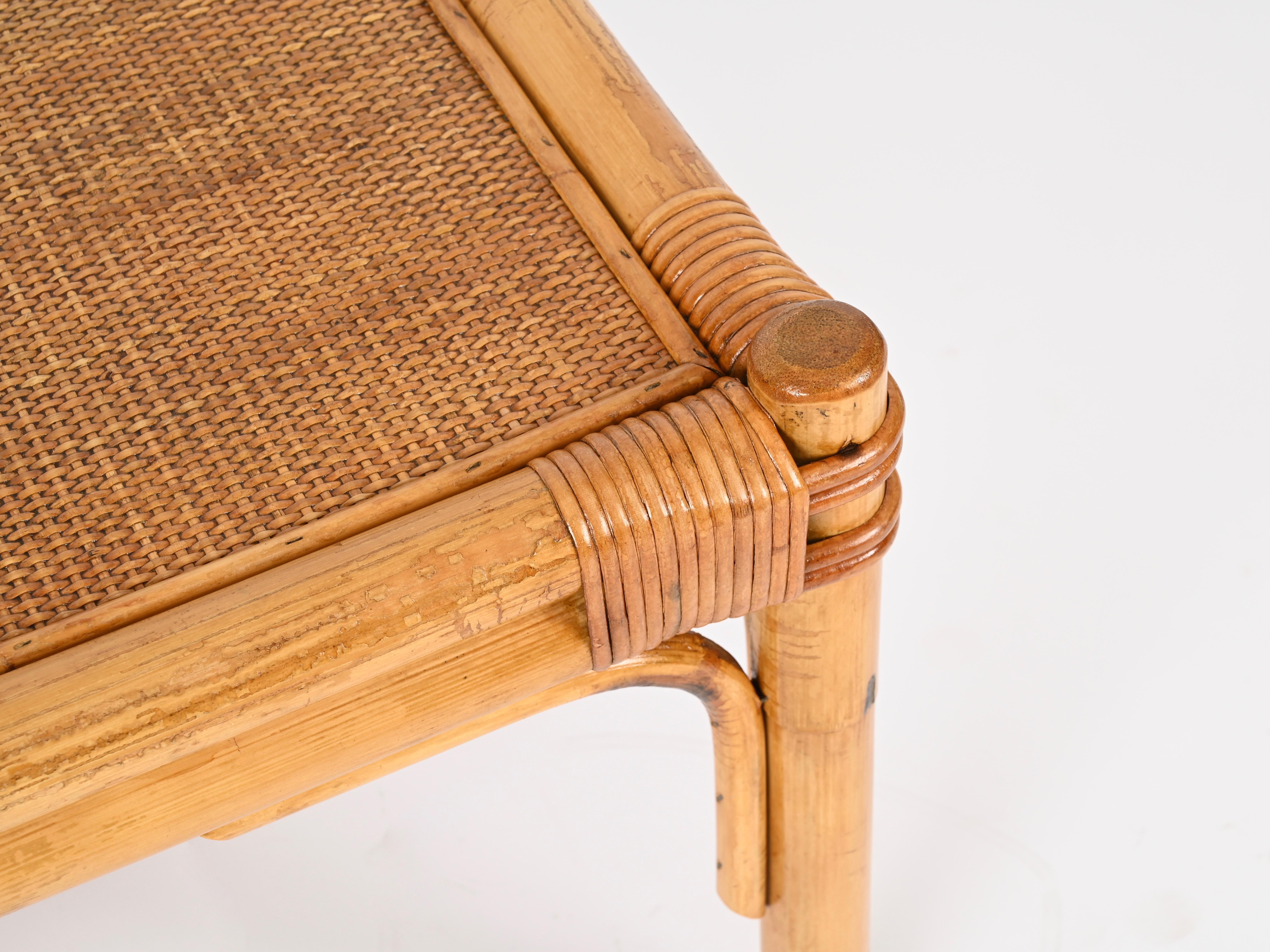 Hand-Crafted Vivai del Sud Square Coffee Table in Bamboo, Wicker and Rattan, Italy, 1970s For Sale