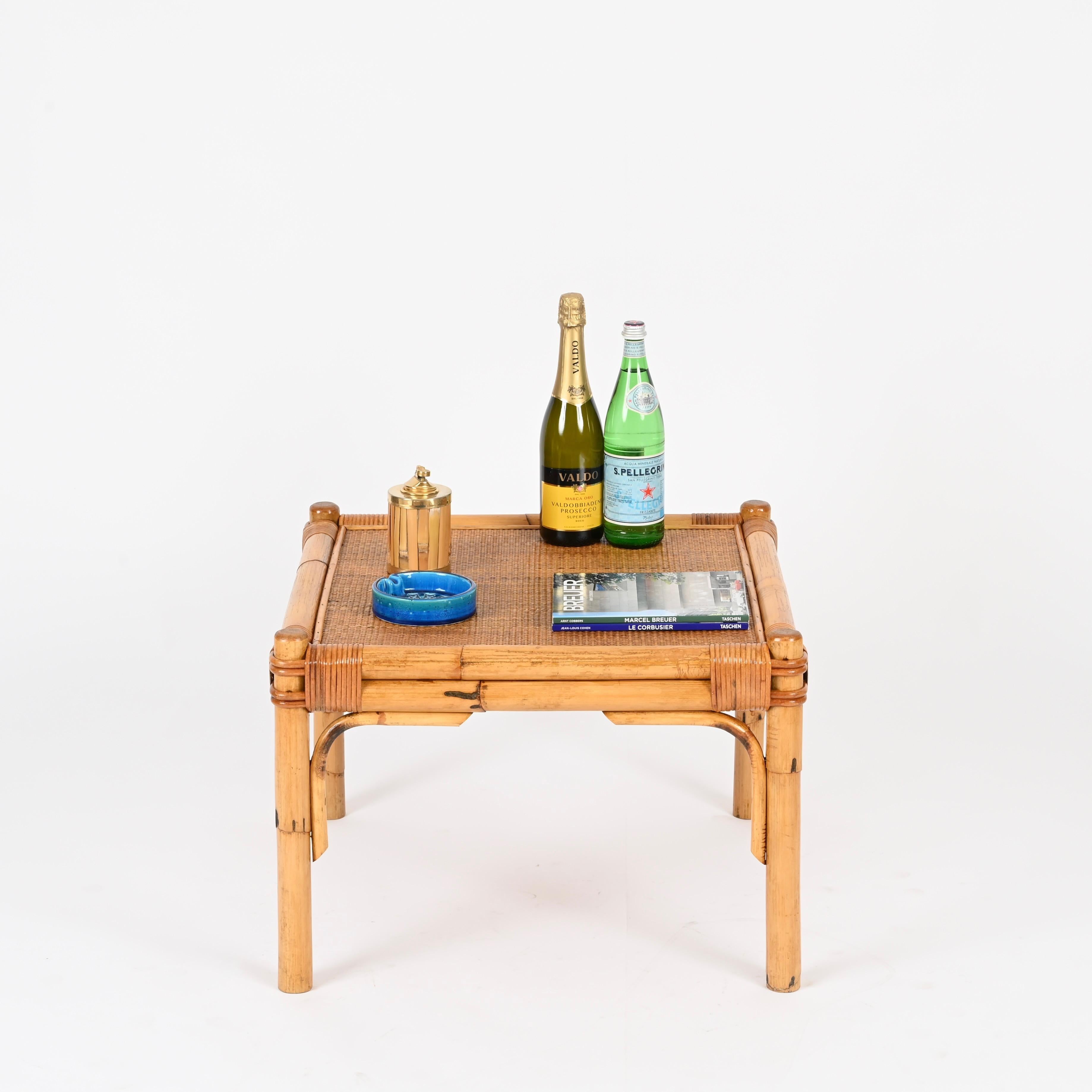 Vivai del Sud Square Coffee Table in Bamboo, Wicker and Rattan, Italy, 1970s In Good Condition For Sale In Roma, IT