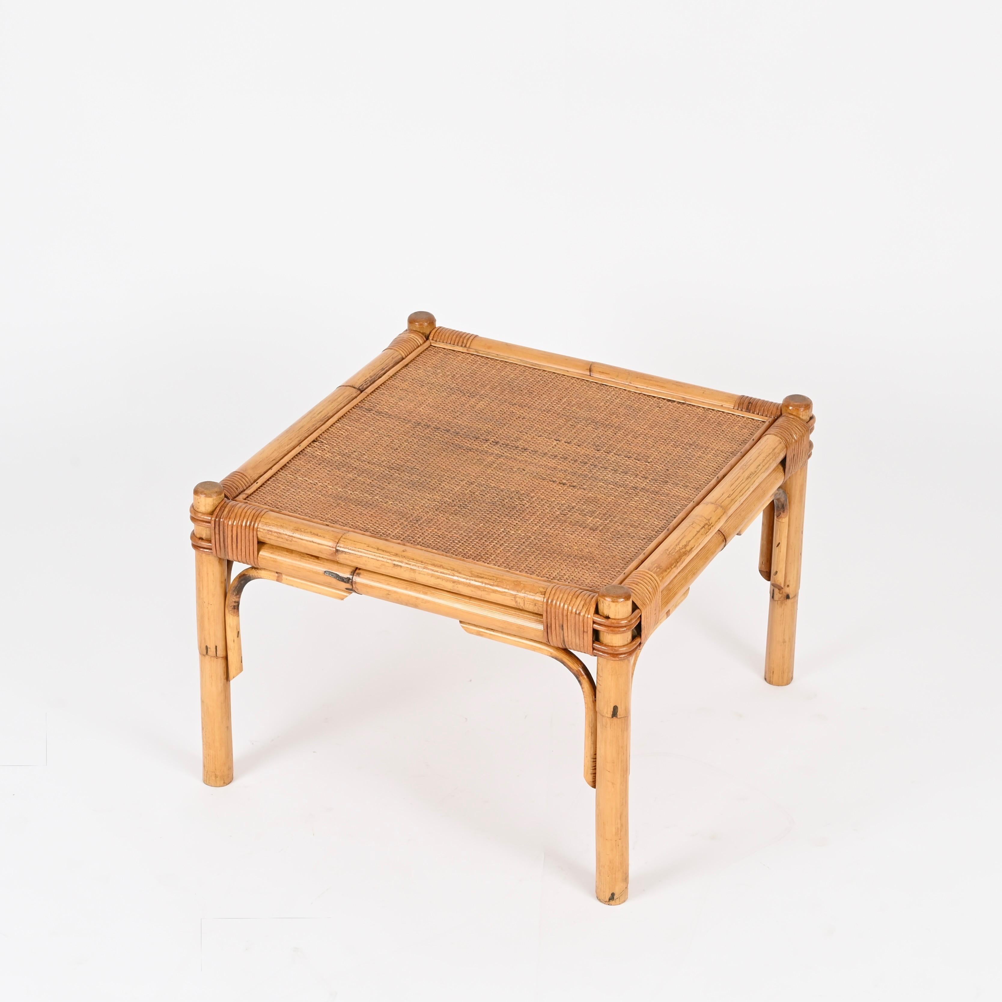 20th Century Vivai del Sud Square Coffee Table in Bamboo, Wicker and Rattan, Italy, 1970s For Sale