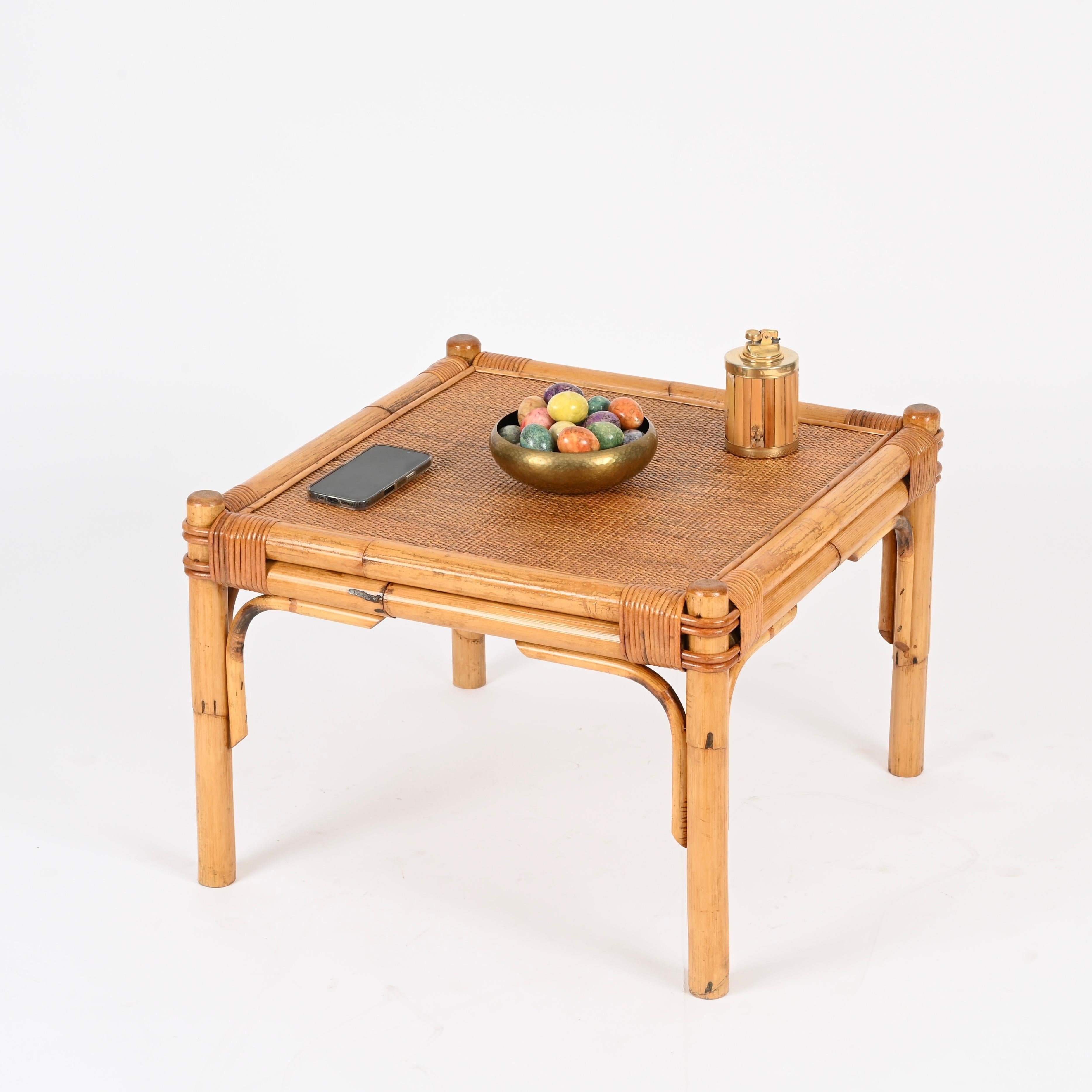 Crystal Vivai del Sud Square Coffee Table in Bamboo, Wicker and Rattan, Italy, 1970s For Sale