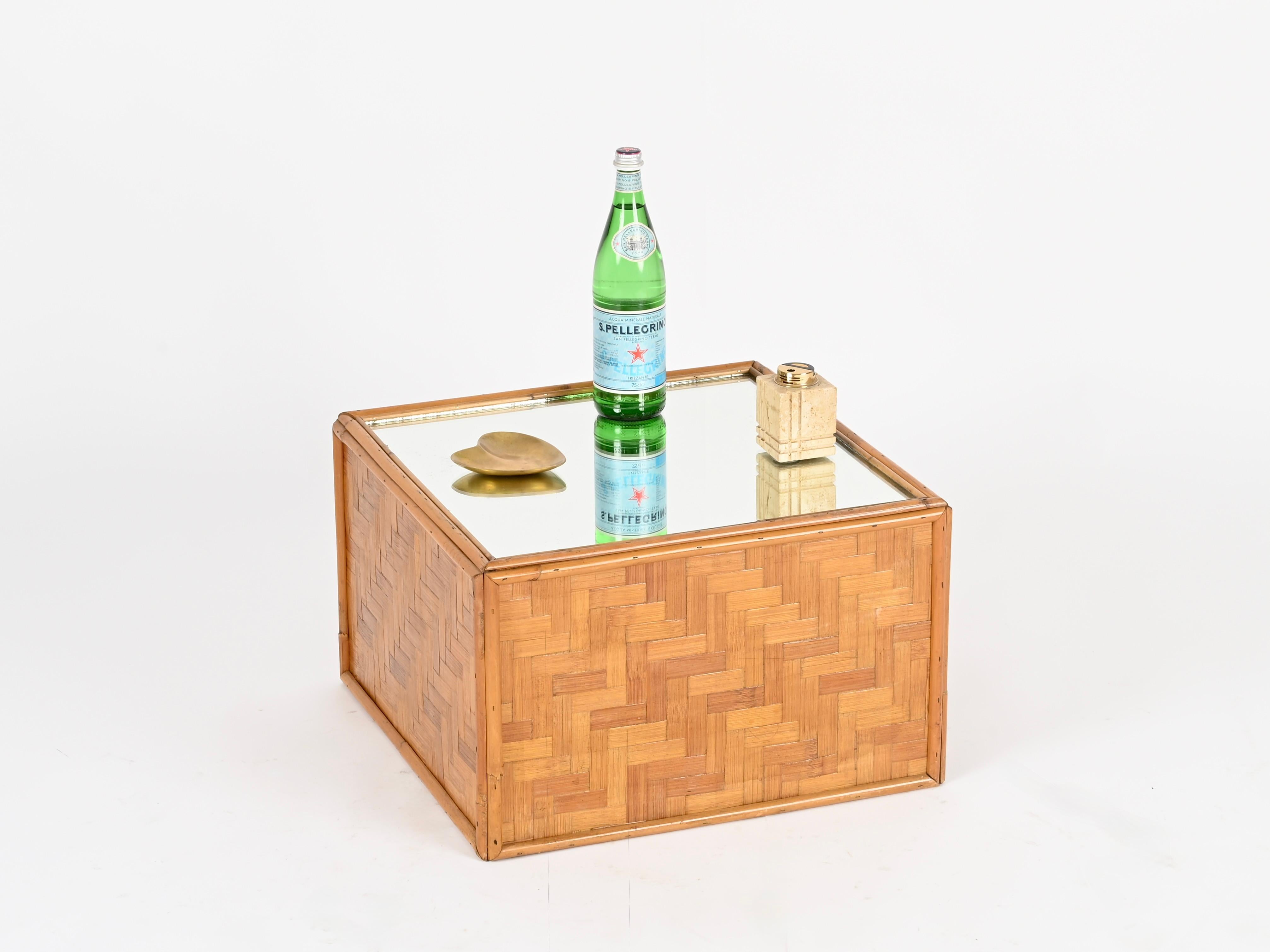 Mesa de centro cuadrada Vivai del Sud de bambú tejido con espejo, Italia, años 70 en venta 2