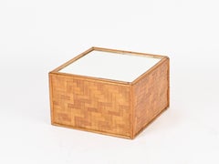 Tavolino quadrato in bambù intrecciato con specchio, Vivai del Sud, Italia, anni '70