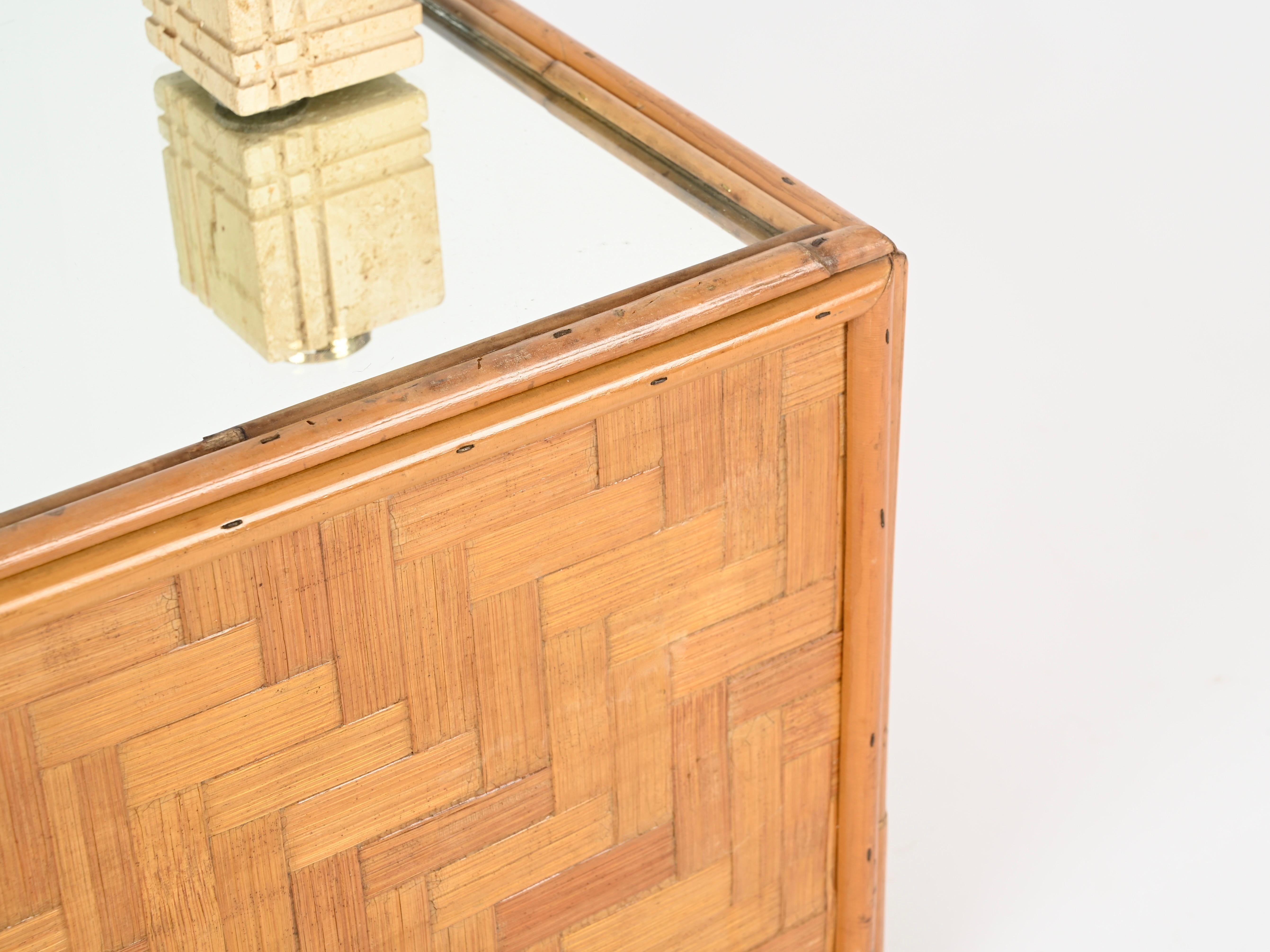 Mesa de centro cuadrada Vivai del Sud de bambú tejido con espejo, Italia, años 70 Italiano en venta