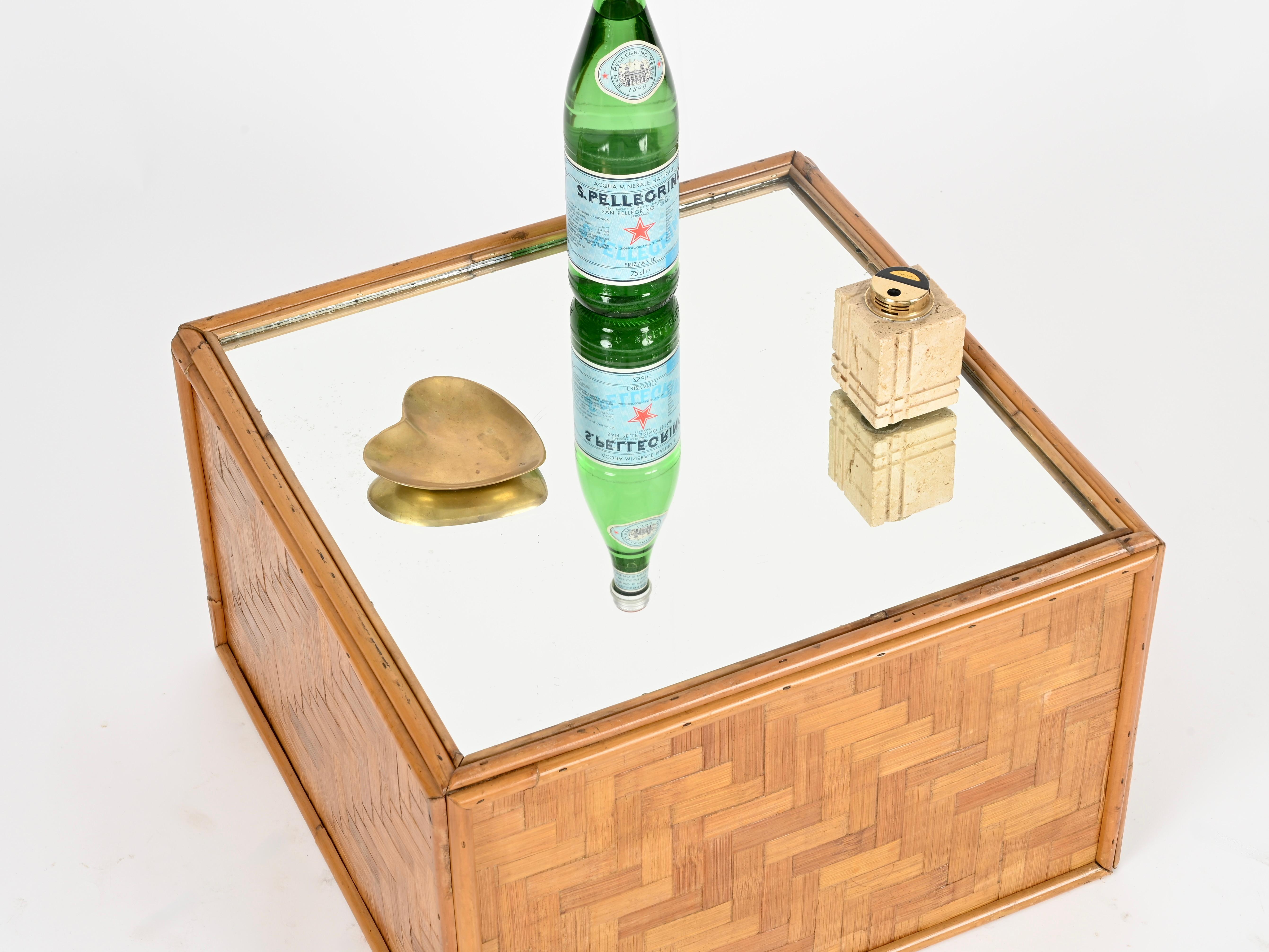 Mesa de centro cuadrada Vivai del Sud de bambú tejido con espejo, Italia, años 70 en Bueno estado para la venta en Roma, IT