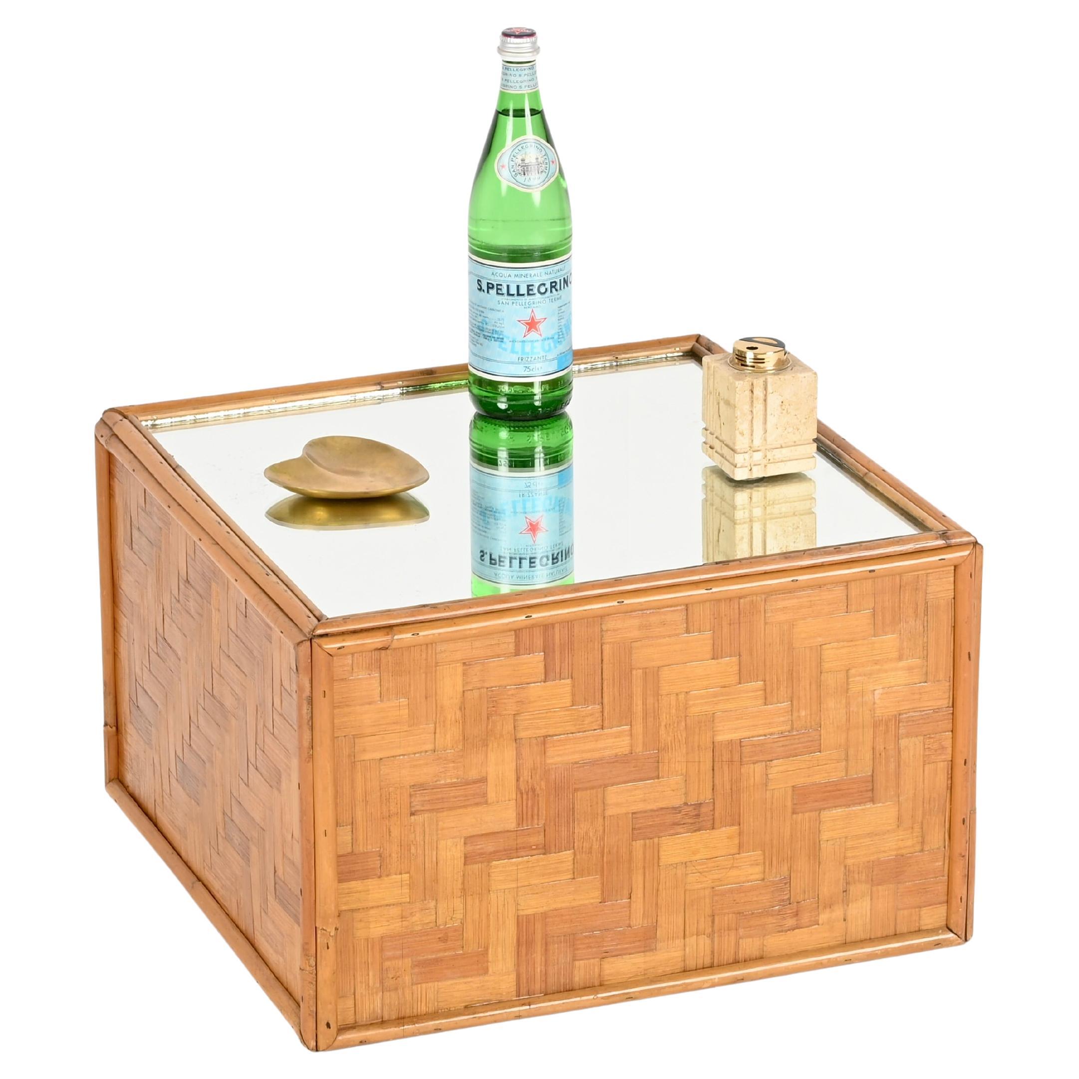 Mesa de centro cuadrada Vivai del Sud de bambú tejido con espejo, Italia, años 70