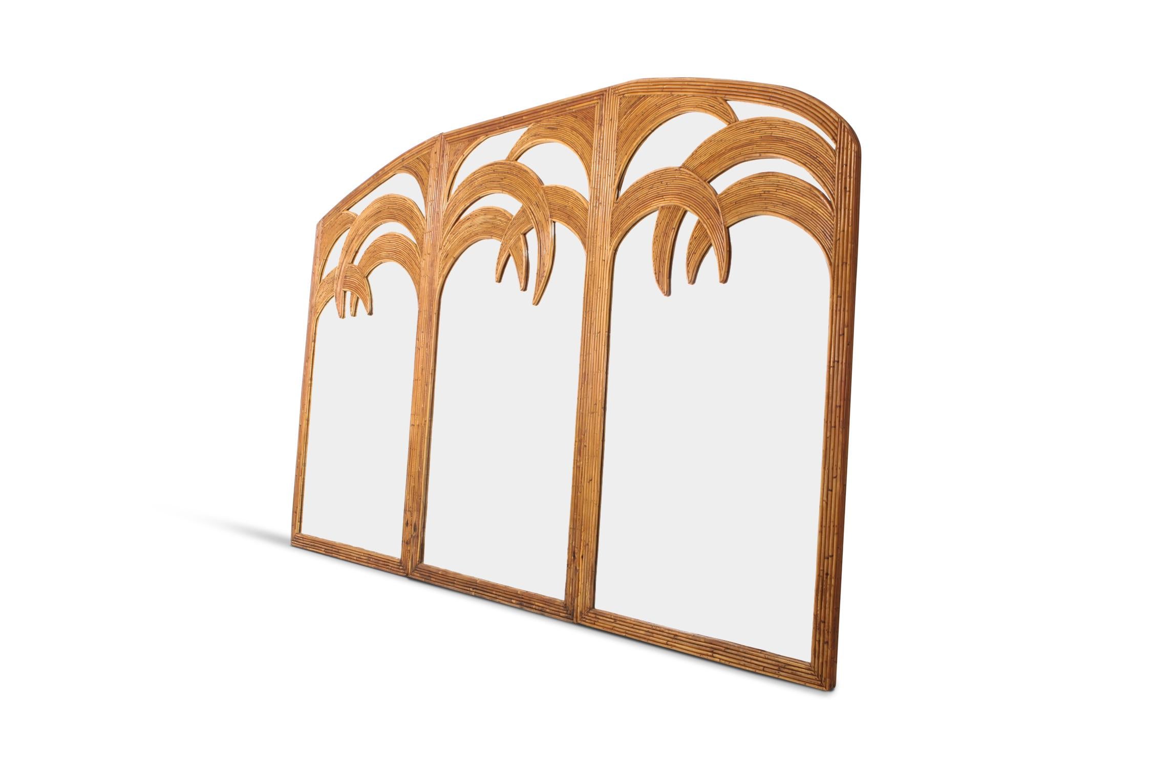 Hollywood Regency Gabriella Crespi style mirror in bamboo by Vivai del Sud.
Italy, 1970s.
Great Italian glam piece that fits well in an eclectic interior. We've added an interior by Lucia Tait Tolani from Hong Kong who uses a piece like this in a