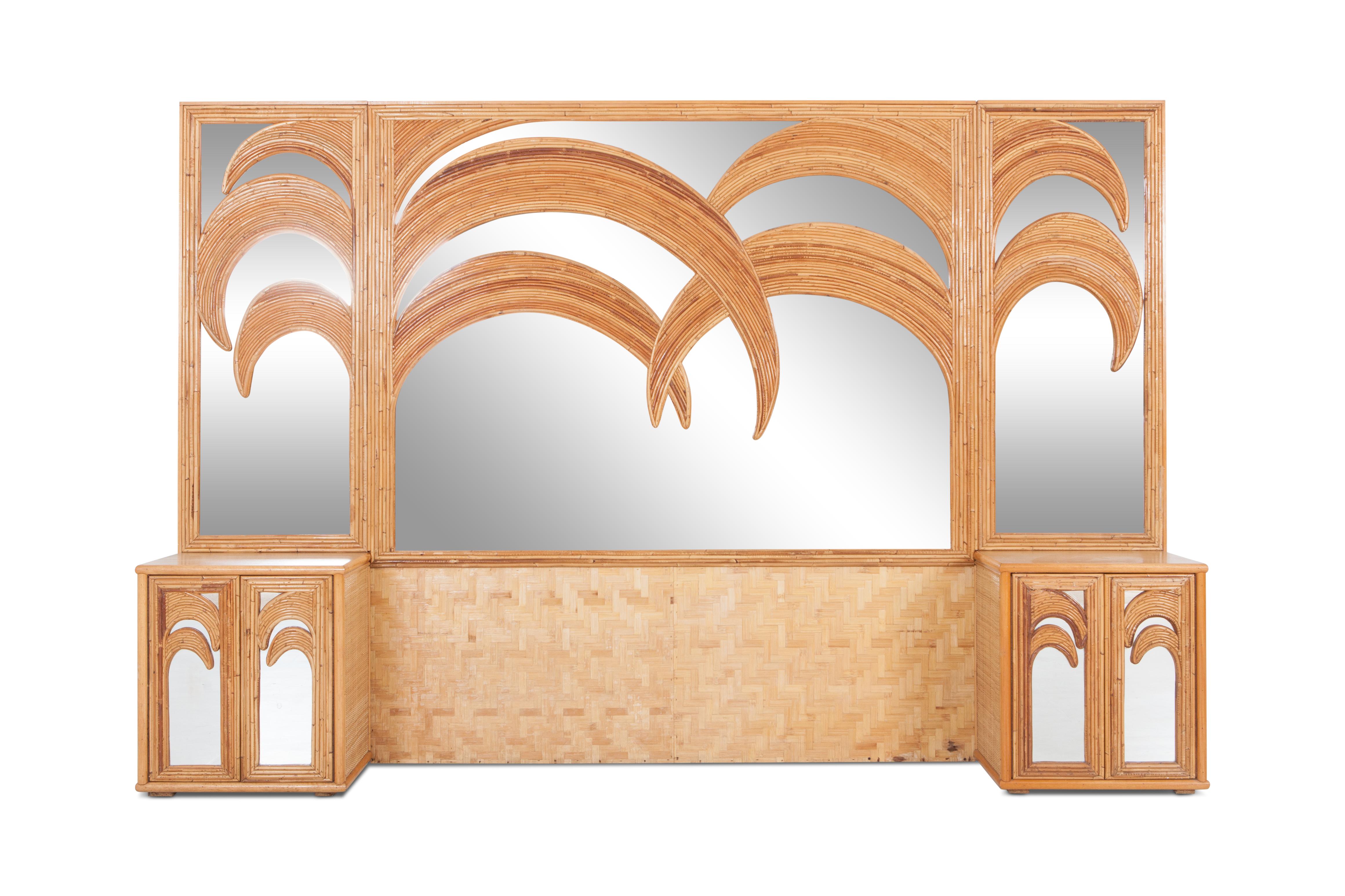 Italian tropical bedroom set consisting of two cabinets with mirror and one large center piece with mirror. Would fit well in a Gabriella Crespi inspired Hollywood Regency interior. It’s scenery of palm trees in rattan and bamboo just breathe that