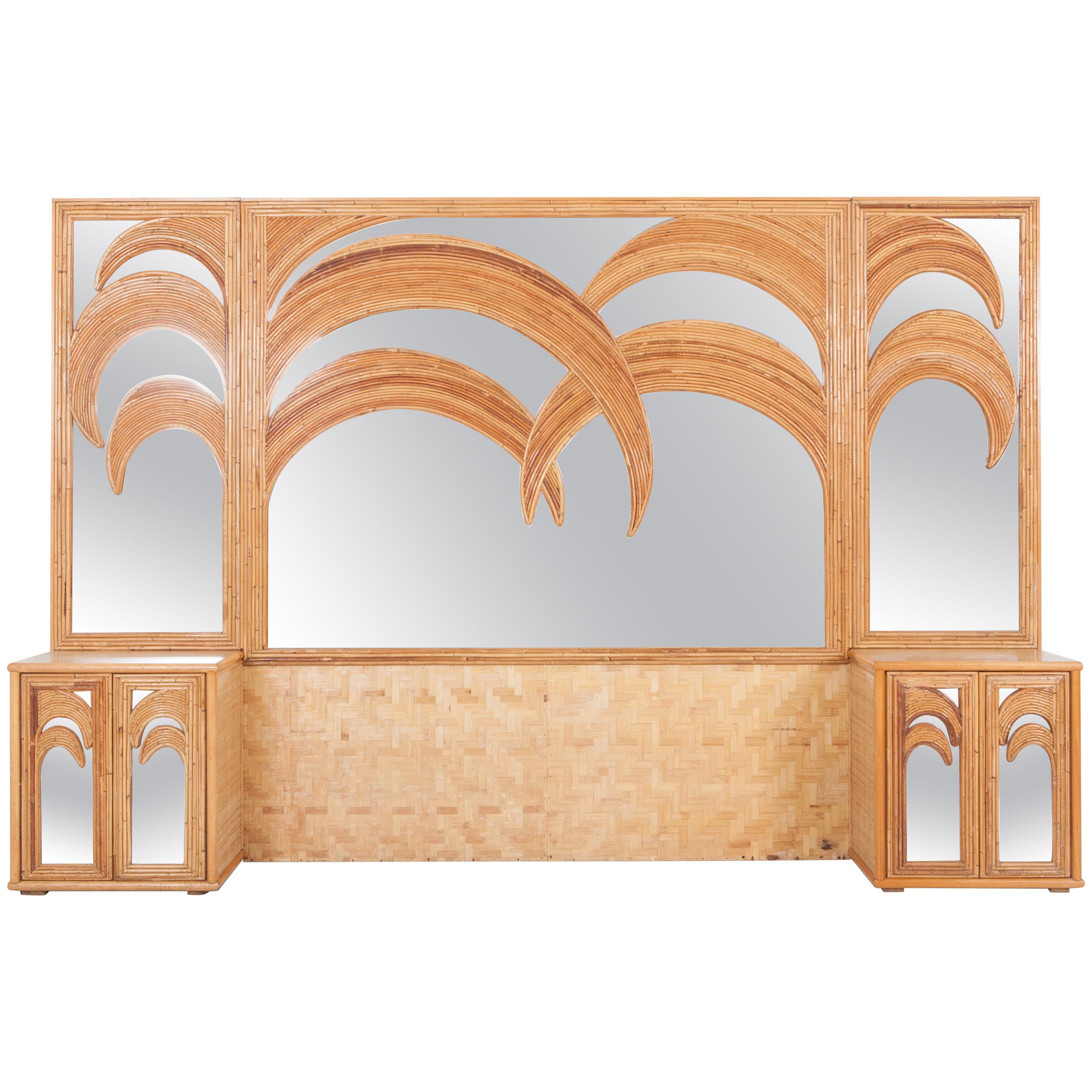 Vivai del Sud Tropical Bamboo and Rattan Palm Tree Mirror with Cabinets