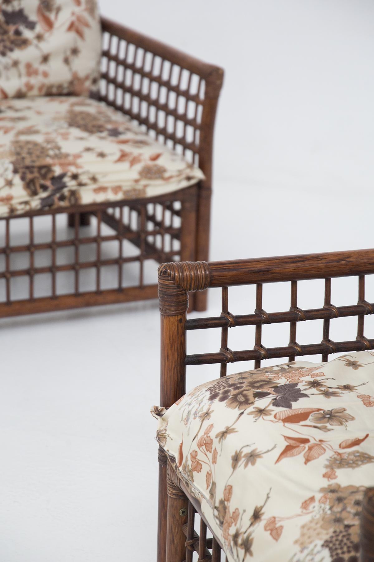 Vivai del Sud Vintage Wood and Rattan Armchairs W Floral Fabric In Good Condition In Milano, IT