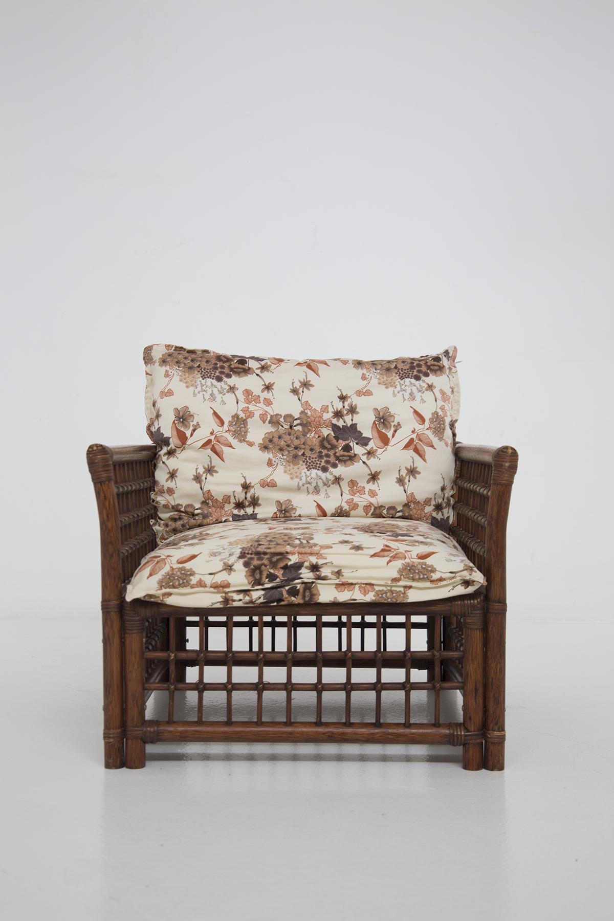 Mid-20th Century Vivai del Sud Vintage Wood and Rattan Armchairs W Floral Fabric